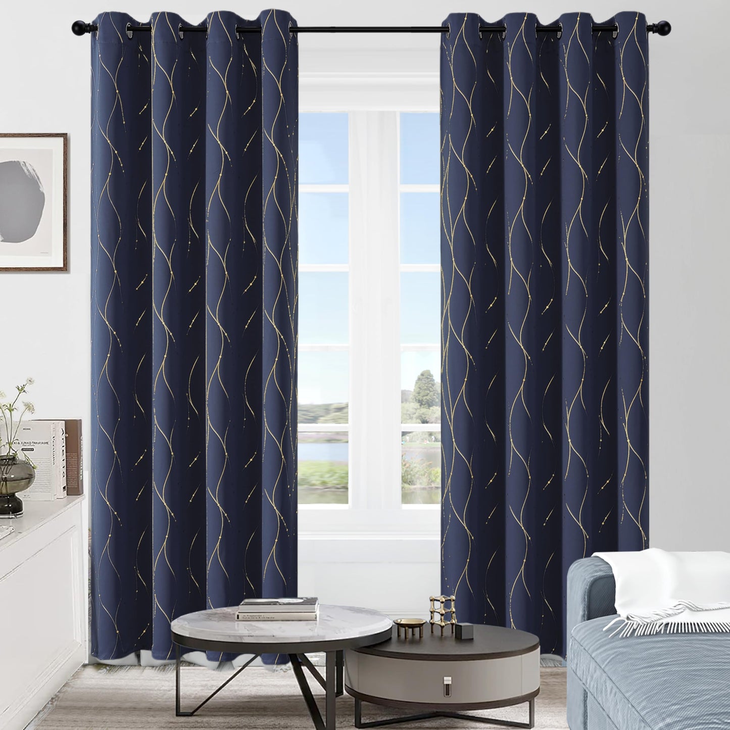 BUHUA Blackout Curtains 84 Inches Long, Gold Foil Print Wave Pattern Room Darkening Curtain, Living Room Curtains & Drapes, Thermal Insulated Window Panel Set, 52 x 84 Inch, Navy