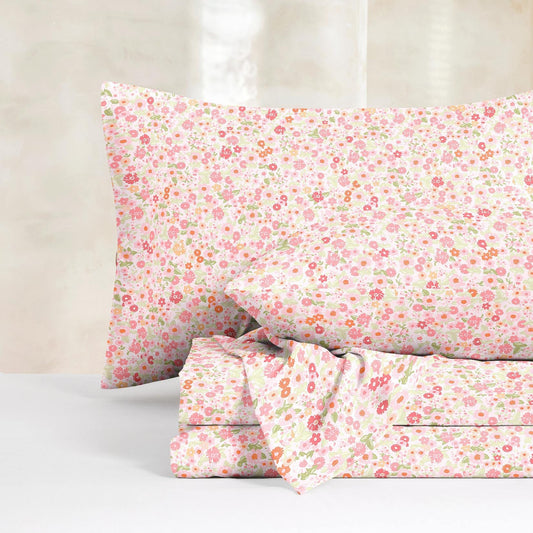 Wake In Cloud - Floral Bed Sheets, 4-Piece Sheet Set, Shabby Chic Flower Pattern Printed Country Coquette Cottage Aesthetic Bedding, Deep Pocket, Pink, Queen Size