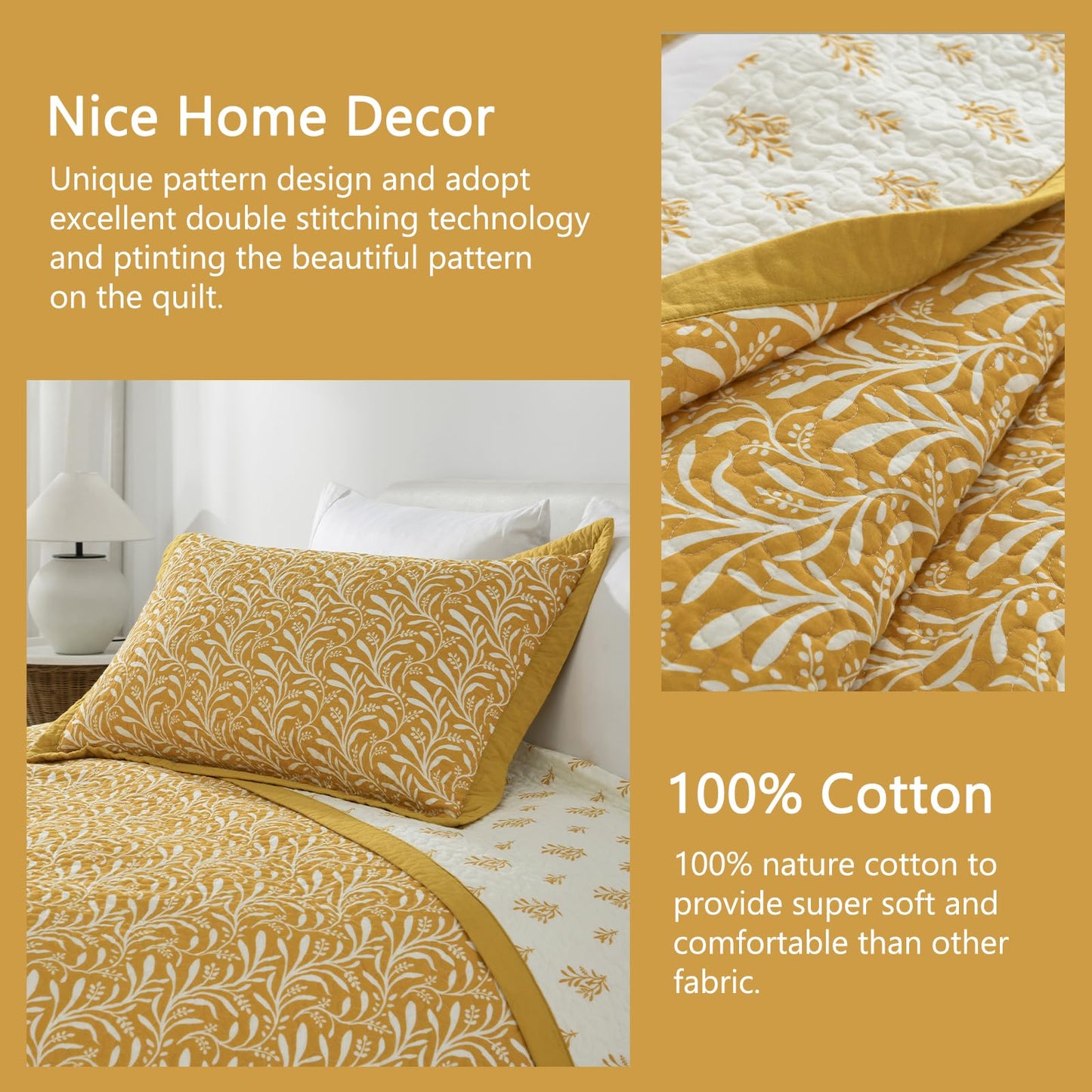 Finlonte Cotton Quilts Queen Size - 100% Cotton Queen Comforter Set, Botanical Quilt Bedding Set, Lightweight Reversible Soft Quilted Bedspread for Queen Bed, Gold/White, All Season, 3 Pcs