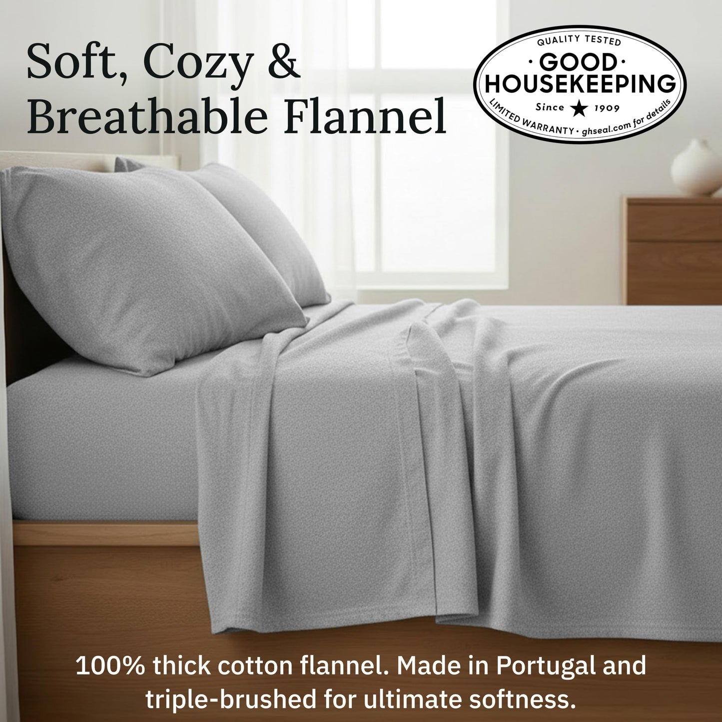 California Design Den Flannel Queen Bed Sheets Set - Made in Portugal, 4-Pc 100% Cotton Bedsheets Queen Size Bed Set, Thick, Velvet Soft, Triple-Brushed with Extra Deep Pockets - Heather Grey