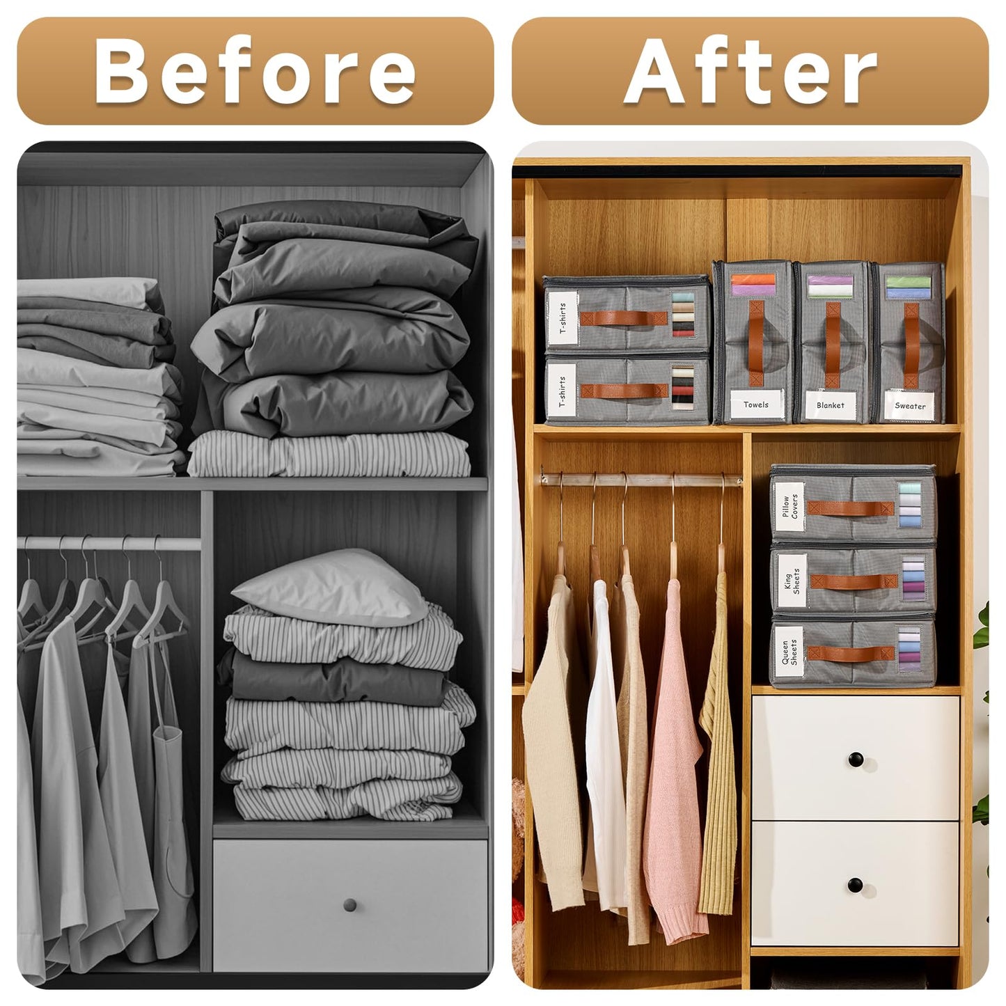 KitHero 4pack Bed Sheet Organizer, Foldable Linen Closet Organizers and Storage with Sealed Design, Queen & King Size Sheet Storage with Window, Closet Organizer for Bedsheets/Blankets/Clothes, Grey