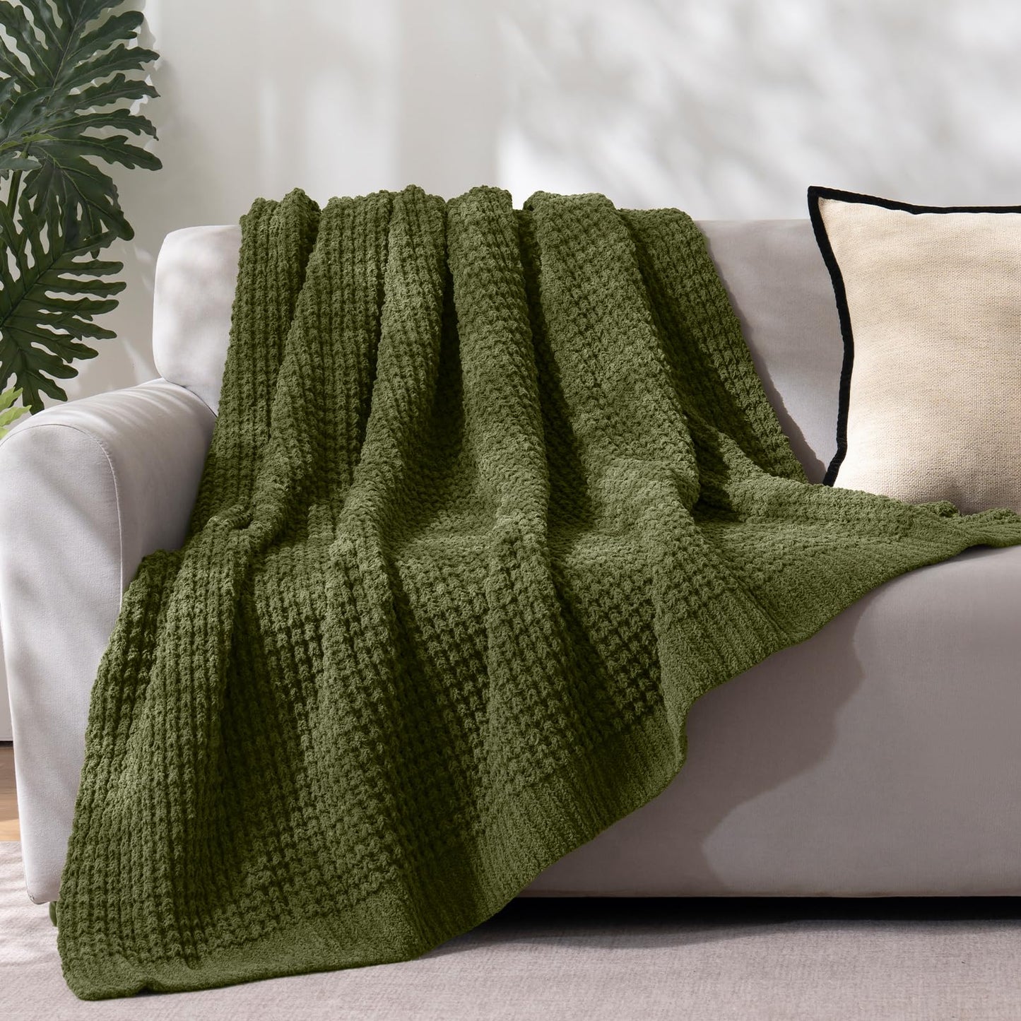 PHF Chenille Waffle Knit Throw Blanket- Plush Warm & Cozy 50" x 60" Ultra Soft Blanket- Chunky Fluffy Waffle Throws for Couch Bed Sofa - Olive Green