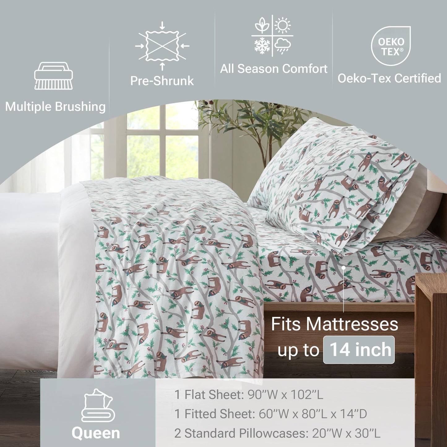 True North by Sleep Philosophy Cozy Flannel Warm 100% Cotton Sheet - Novelty Print Animals Stars Cute Ultra Soft Cold Weather Bedding Set, Queen, Multi Sloth 4 Piece