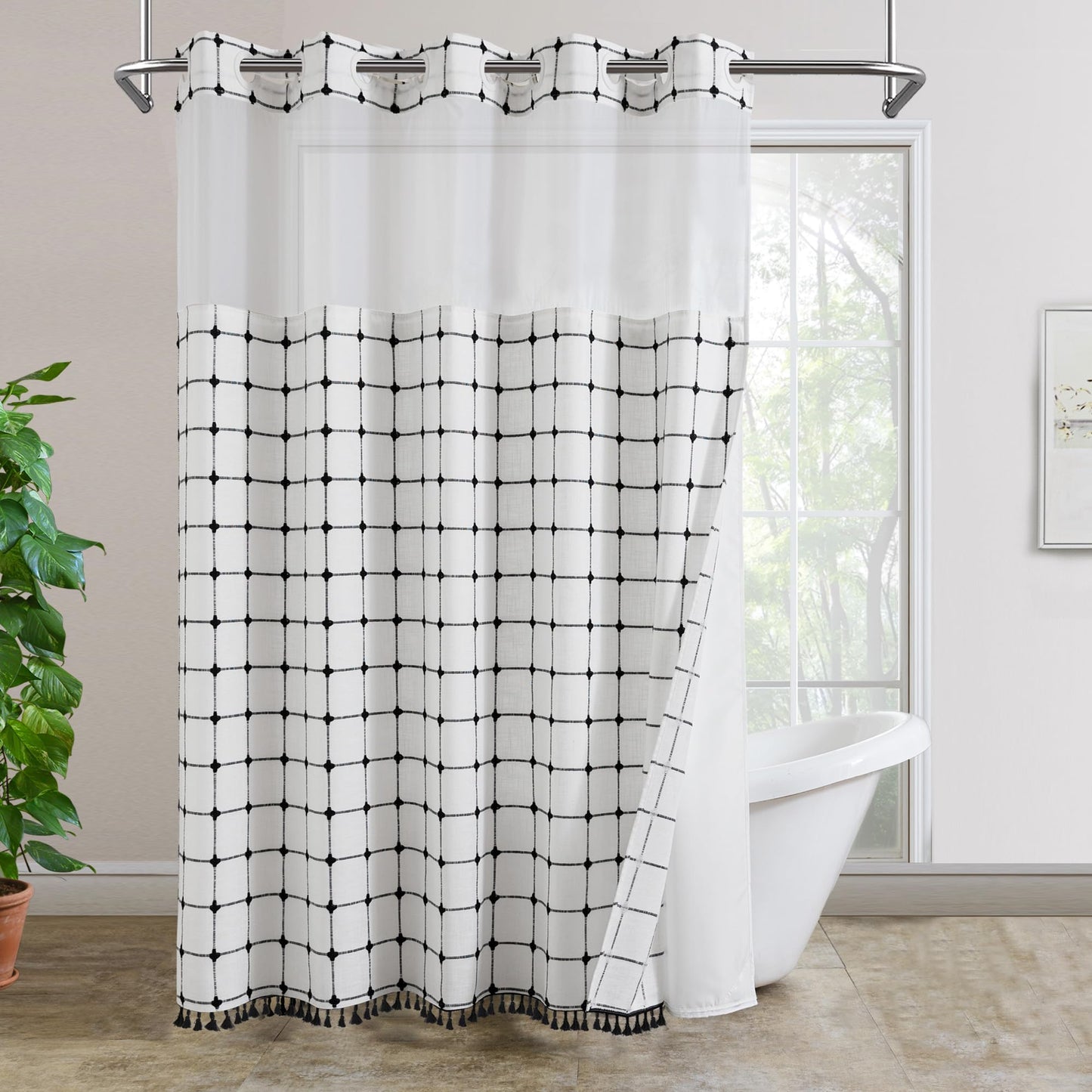ROSERY No Hook Shower Curtain with Snap in Fabric Liner Set, Boho Farmhouse Black and White Woven Jacquard Grid Shower Curtain for Bathroom with Tassel, Checkered Pattern, 71" W x 74" L