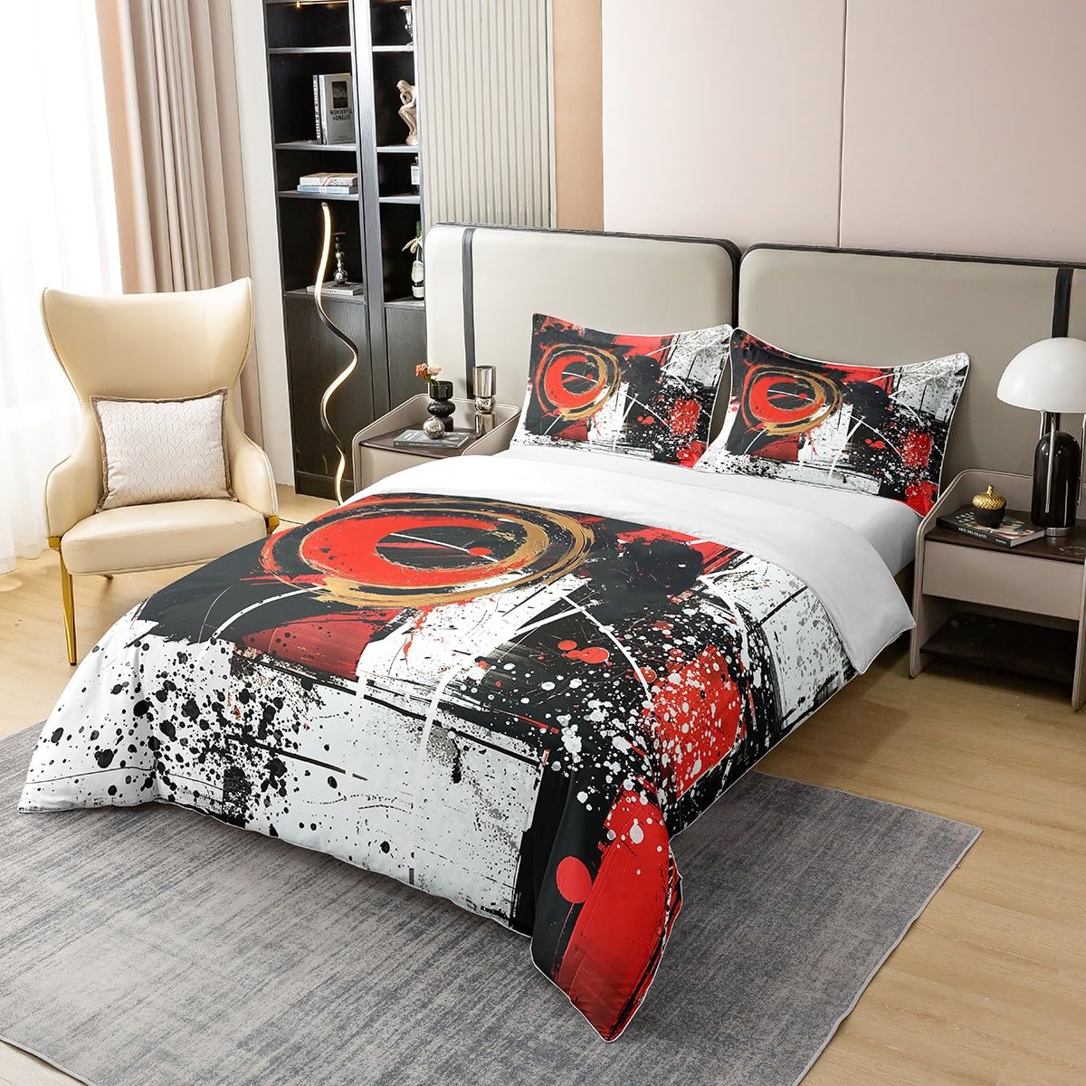 jejeloiu Agate Red Circle Duvet Cover 100% Cotton King Size Kids Abstract Geometric Comforter Cover for Boys Girls Teens Modern Art Bedding Set Breathable Soft Room Decor