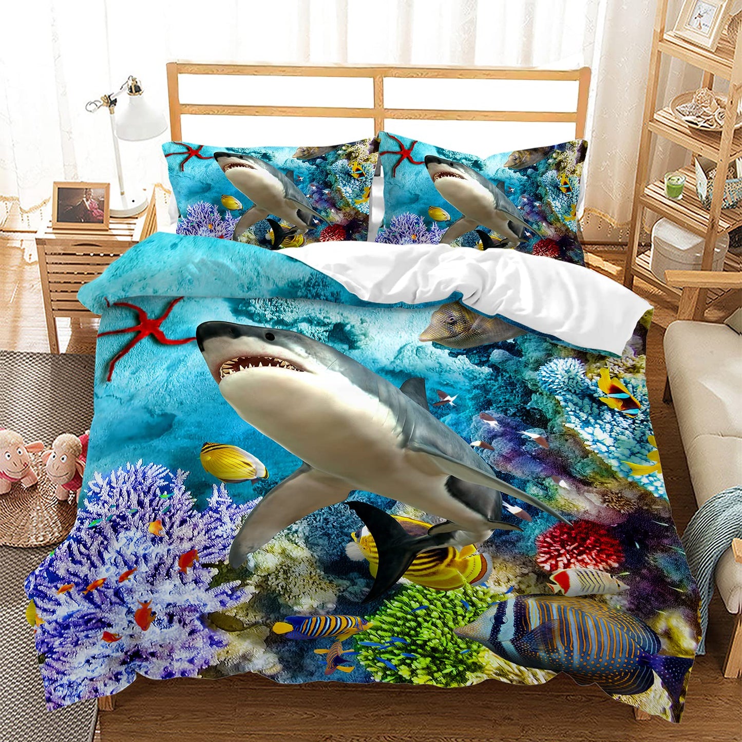 CVHOUSE Shark Duvet Cover Queen Size,Ocean Sea Bedding Set,Beach Comforter for Boys Kids Teens,1 2 Pillowcases 3 Piece Queen 89'x89'