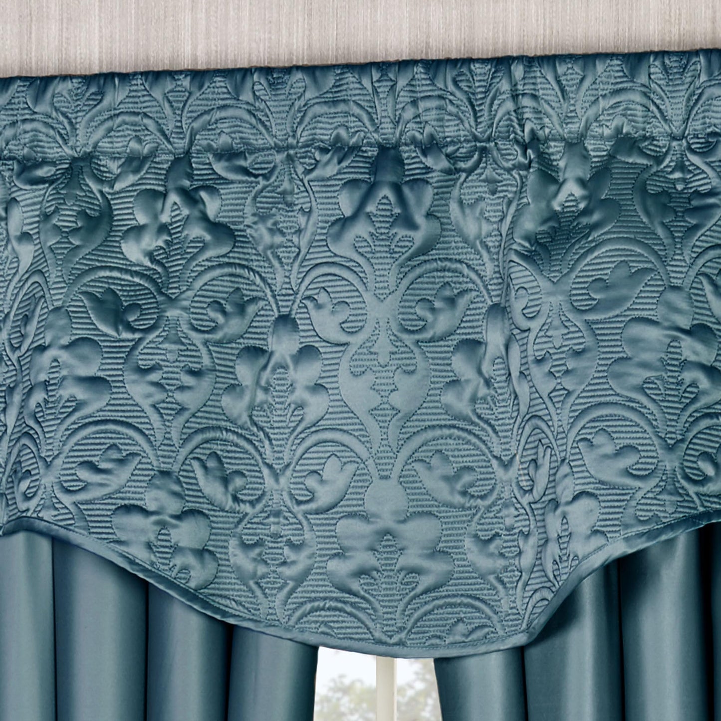 Cambridge Classic Luxury Window Treatment | Bold Blue Shadow Solid Color Polyester Satin | Elaborate Damask Quilted Scalloped Valance | Drapery Set Includes Scalloped Valance & 84L Lined Curtain Pair