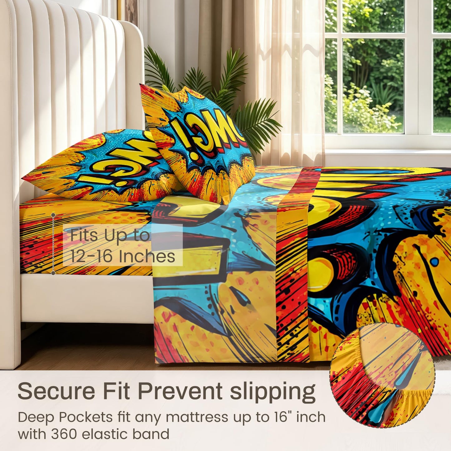 Kids OMG Sheet Set, 4 Pcs Queen Size Pop Art Bed Sheets