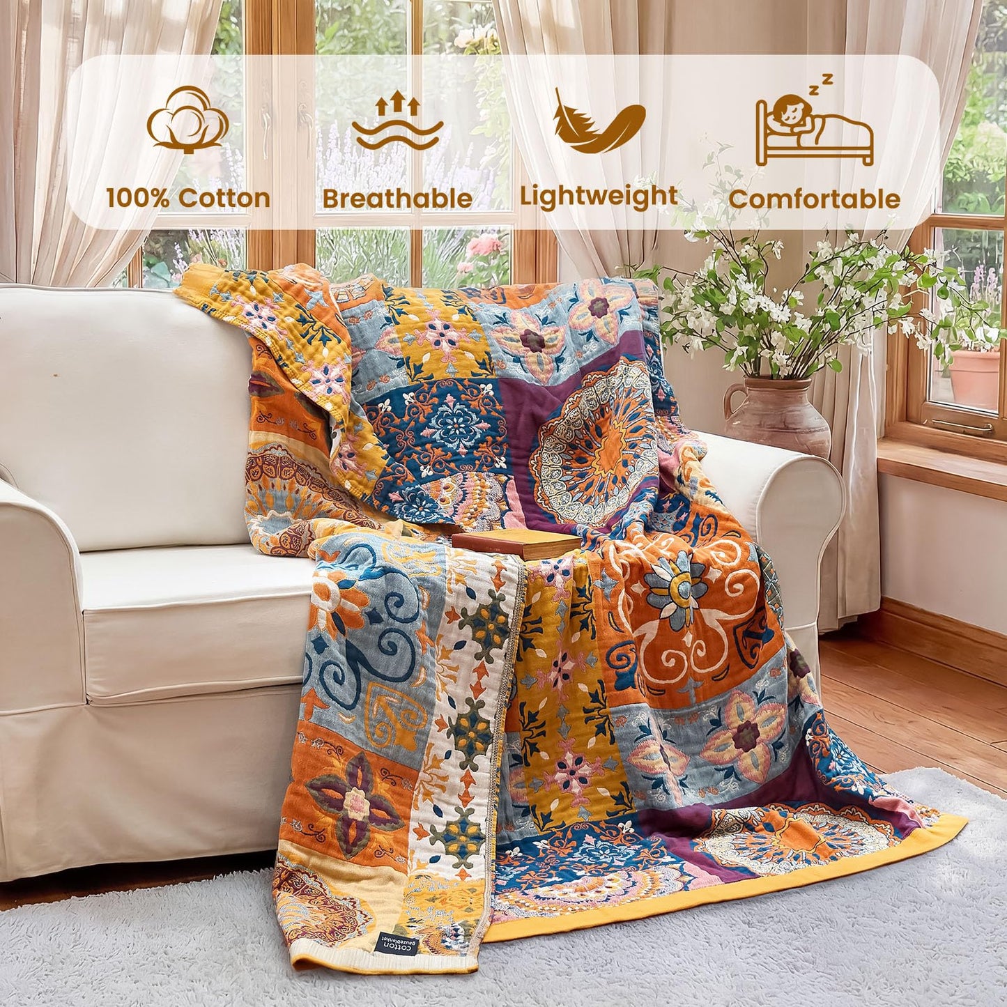 MSGKV Boho Throw Blanket for Bed 60"x80" 100% Cotton Couch Blanket Summer Breathable Lightweight Twin Size Blankets Home Decor Muslin All Seasons