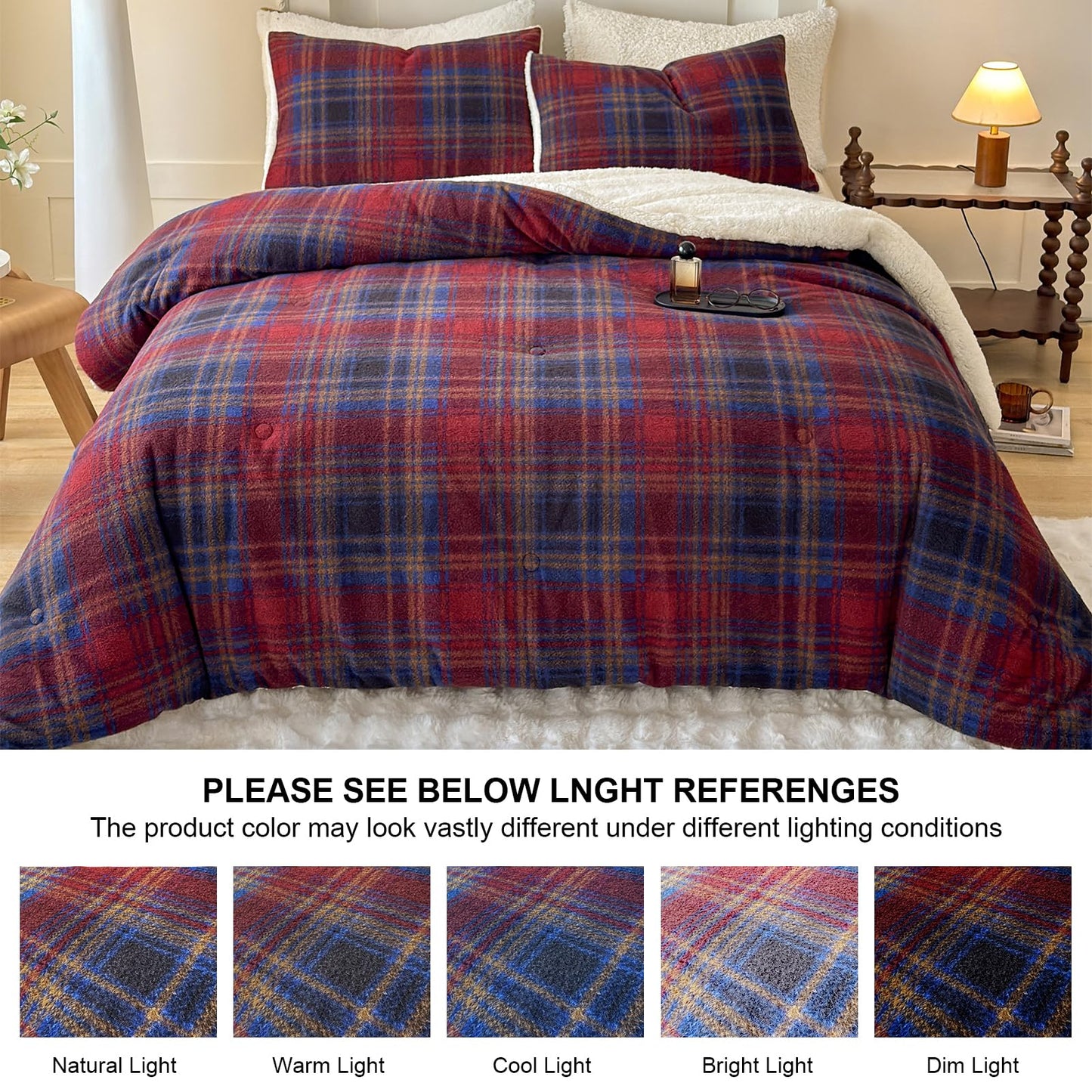 Cyusri Plaid Sherpa Comforter Set 2Pcs Fluffy Warm Fleece Down Alternative, Red Blue Grid Pattern Bedding Set with 1 Pillowcase, Twin Size 68"x90"