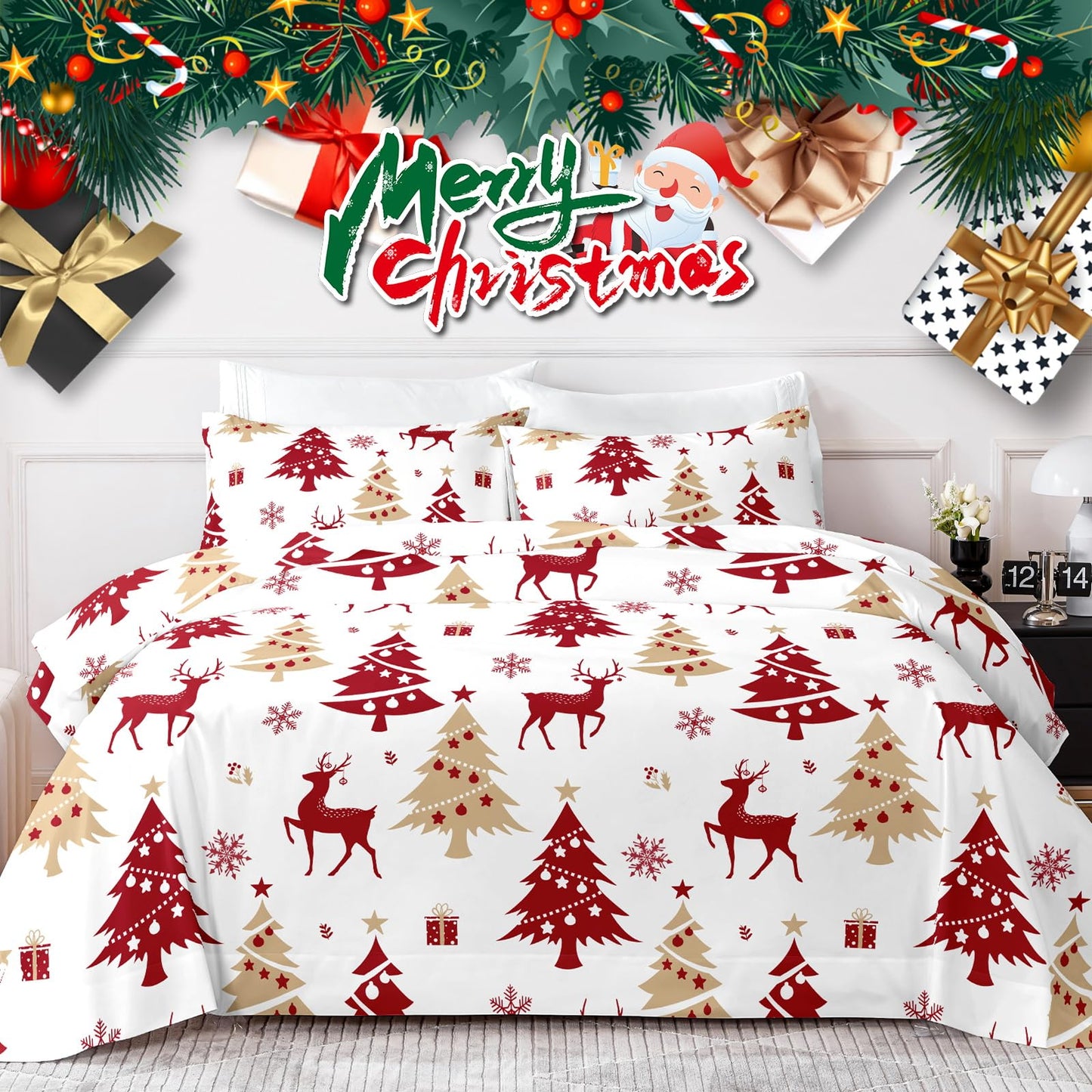 HCORA Christmas King Size Sheets Set, Luxury 1800TC Hotel Quality Double Brushed Microfiber Deep Pocket Bed Sheets, Ultra Soft, Breathable, 4PC, King