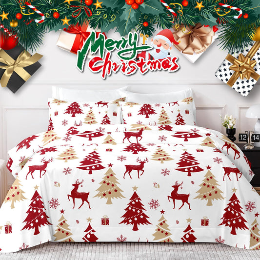 HCORA Christmas King Size Sheets Set, Luxury 1800TC Hotel Quality Double Brushed Microfiber Deep Pocket Bed Sheets, Ultra Soft, Breathable, 4PC, King