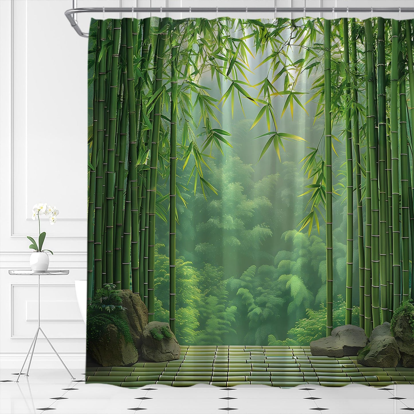 Bamboo Shower Curtain Green Bamboo Forest Japanese Asain Relax Rustic Nature Garden Scenery Landscape Bathroom Curtains Decor Fabric Set Include Hooks,(70" WX70 H)