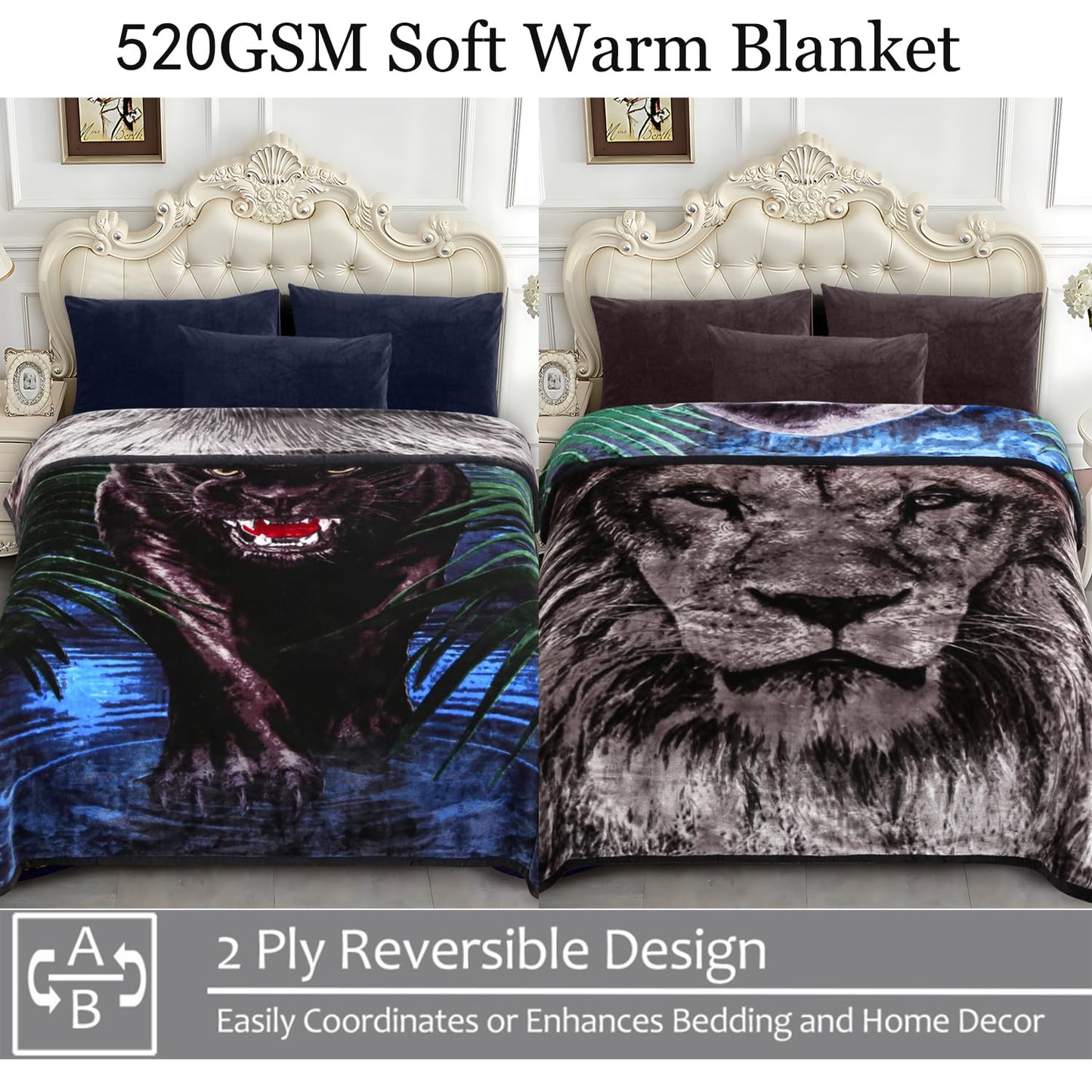 JYK Soft Fleece Bed Blanket Queen Size 5 LB, Korean Style 2 Ply Reversible Fluffy Flannel Blanket Microfiber, Warm Cozy Blanket for Autumn, Winter 75x87 Inches - Black Panther/Lion