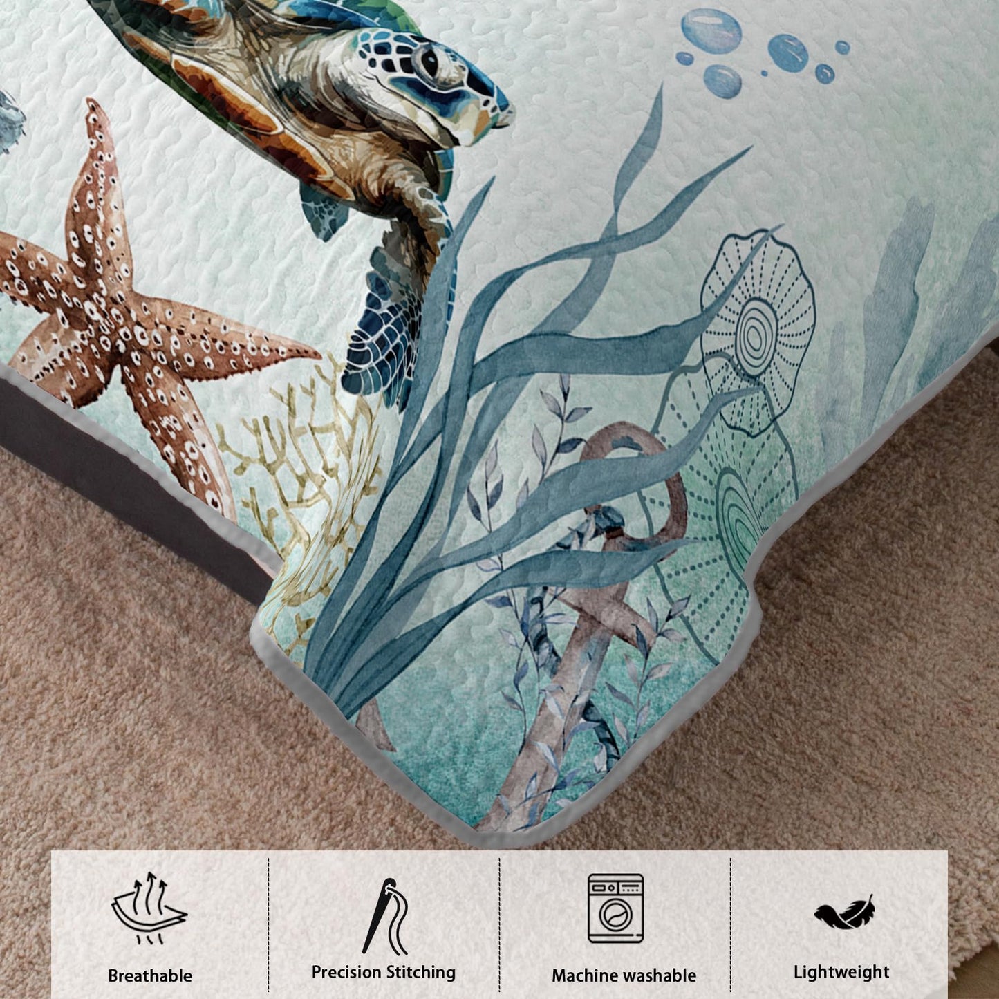 AILONEN Sea Turtle Bedding Quilt Set King Size,Teal Blue Ocean Beach Coastal Bedspread Coverlet,3 Pieces Soft Lightweight Quilt & 2 Pillowcases