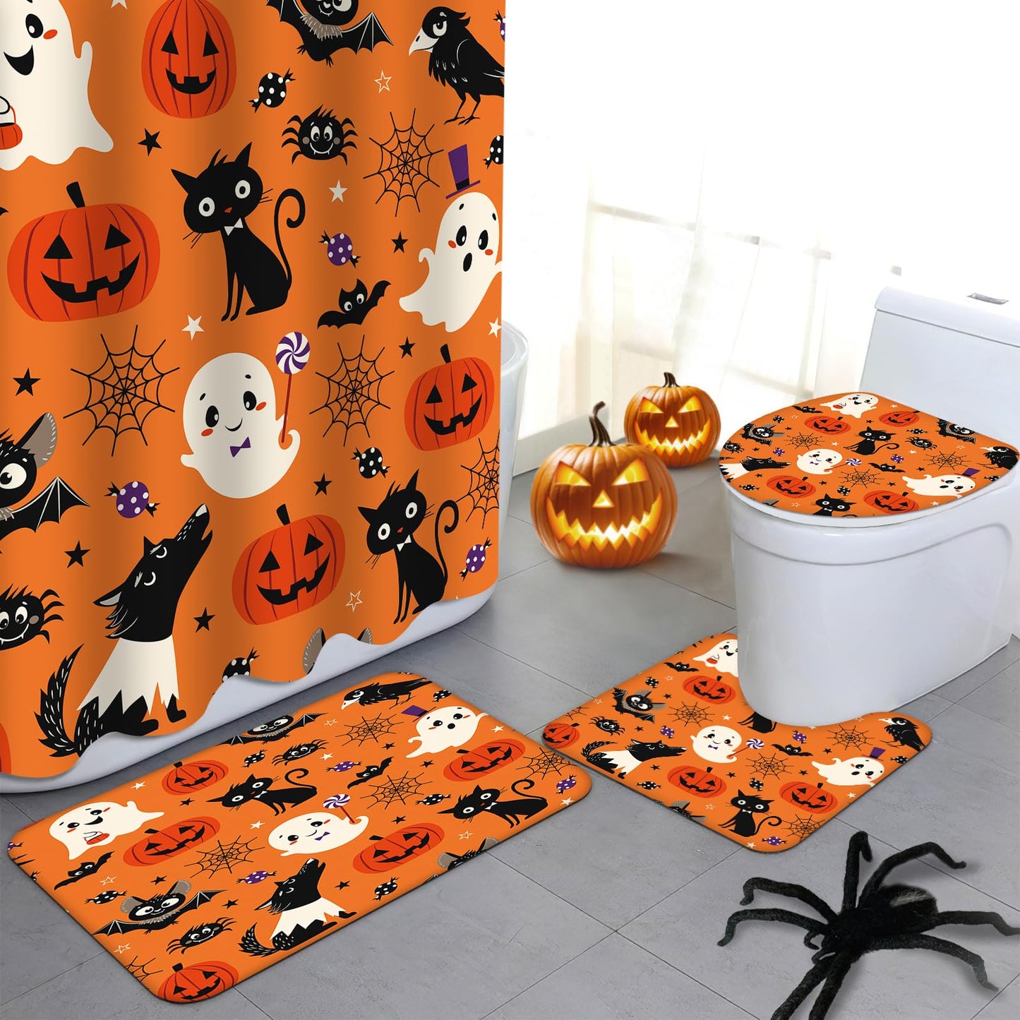 MEHOFOND 4pcs Halloween Boo Shower Curtain Set,Halloween Spooky Shower Curtain Sets,All Hallows' Eve Skull Bat Spider Bathroom Decor for Kids with Non-Slip Rugs Toilet Lid Cover and Bath Mat 72x72 in
