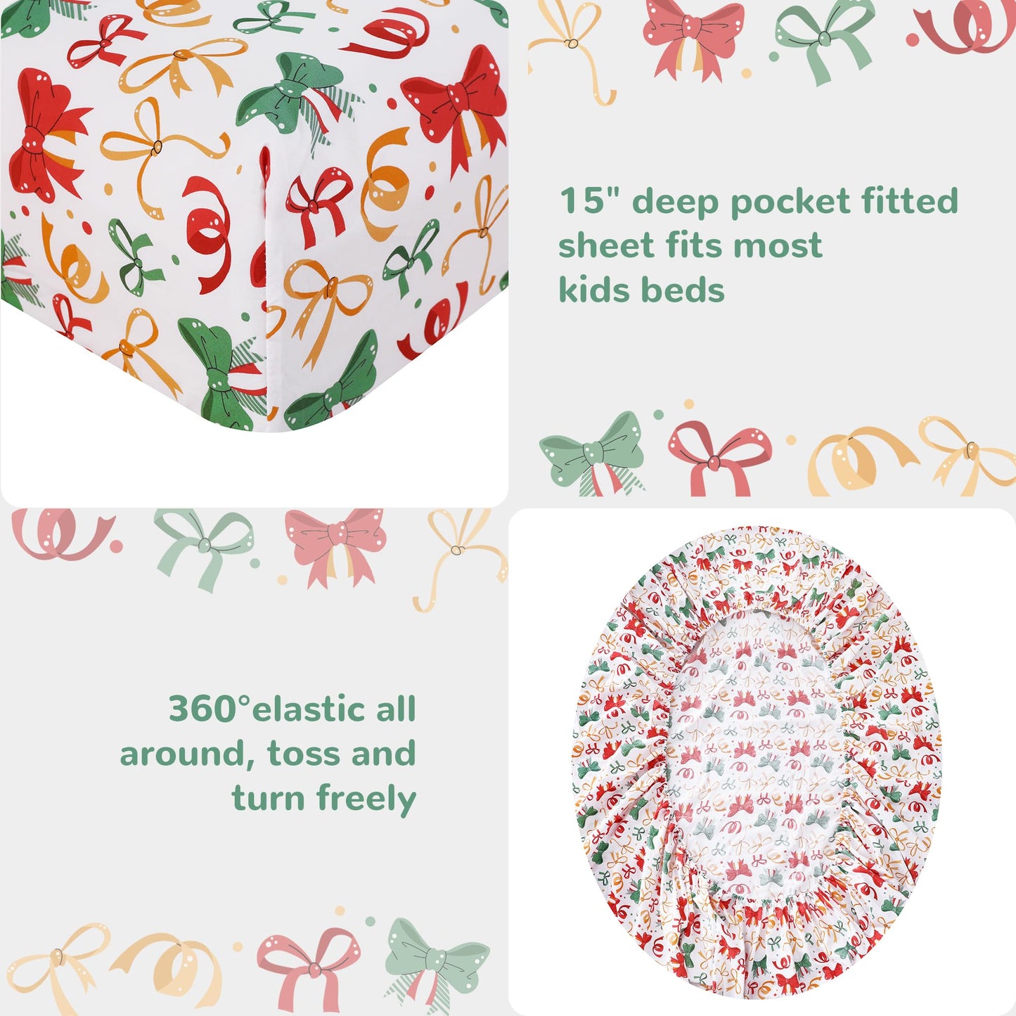 Softan Kids Bed Sheet Set, Boys/Girls Full Size Sheets, Microfiber Kids Fitted Sheet and Pillowcase, Breathable and Silky Soft, 4 Piece Christmas Bowknot Printed Full Bed Sheet