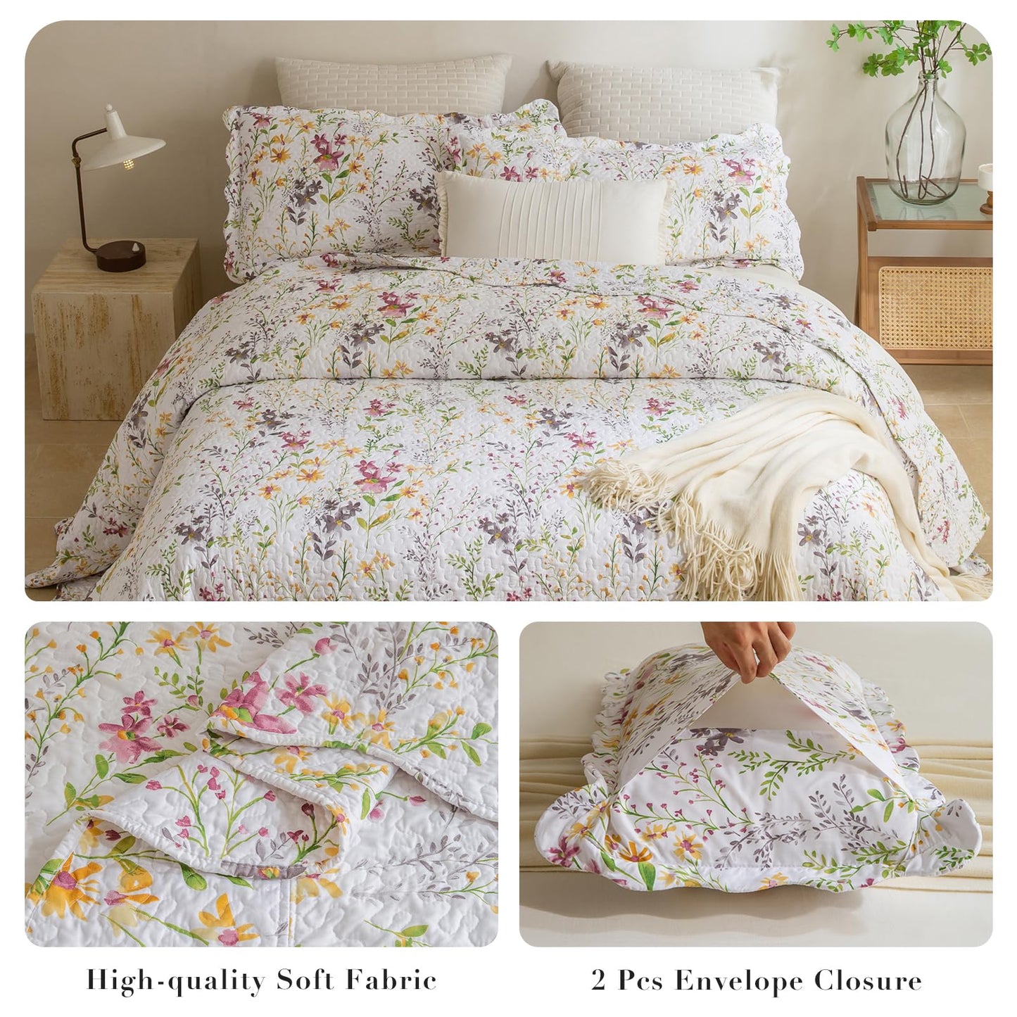Masaca Oversized King Bedspread 128"x120",Yellow Wild Flower Botanical Printed Pattern Floral Oversized King Quilt Set Lightweight Scallop Extra Large California King Size Quilt Bedding Coverlet Set