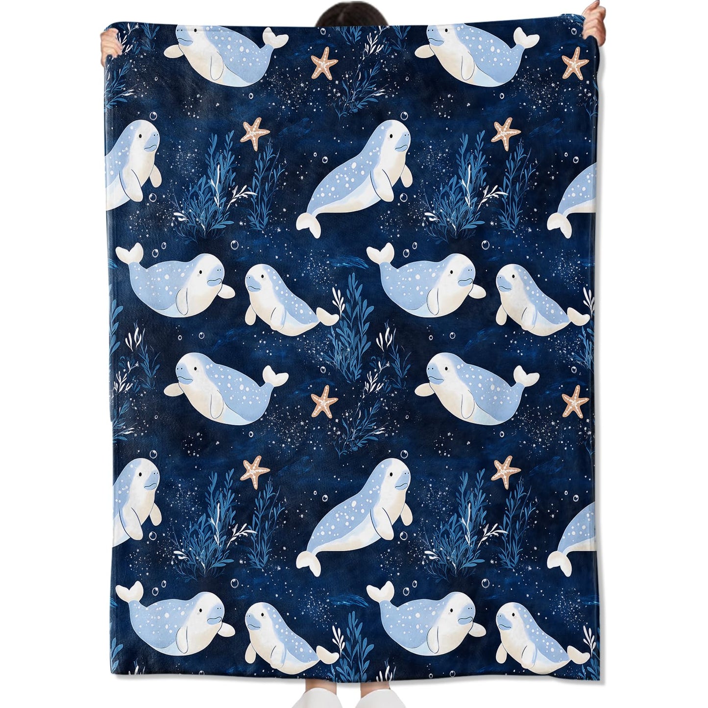 amepay Cartoon Manatee Blanket Gifts for Kids Girls Women,Cute Ocean-Themed Navy Blue and White Throw Blankets,Soft Comfy Lightweight for Room Couch Bed Modern Stylish Decor,Sea Life Lover 60x50in