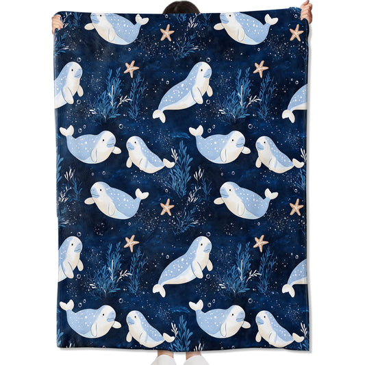amepay Cartoon Manatee Blanket Gifts for Kids Girls Women,Cute Ocean-Themed Navy Blue and White Throw Blankets,Soft Comfy Lightweight for Room Couch Bed Modern Stylish Decor,Sea Life Lover 60x50in