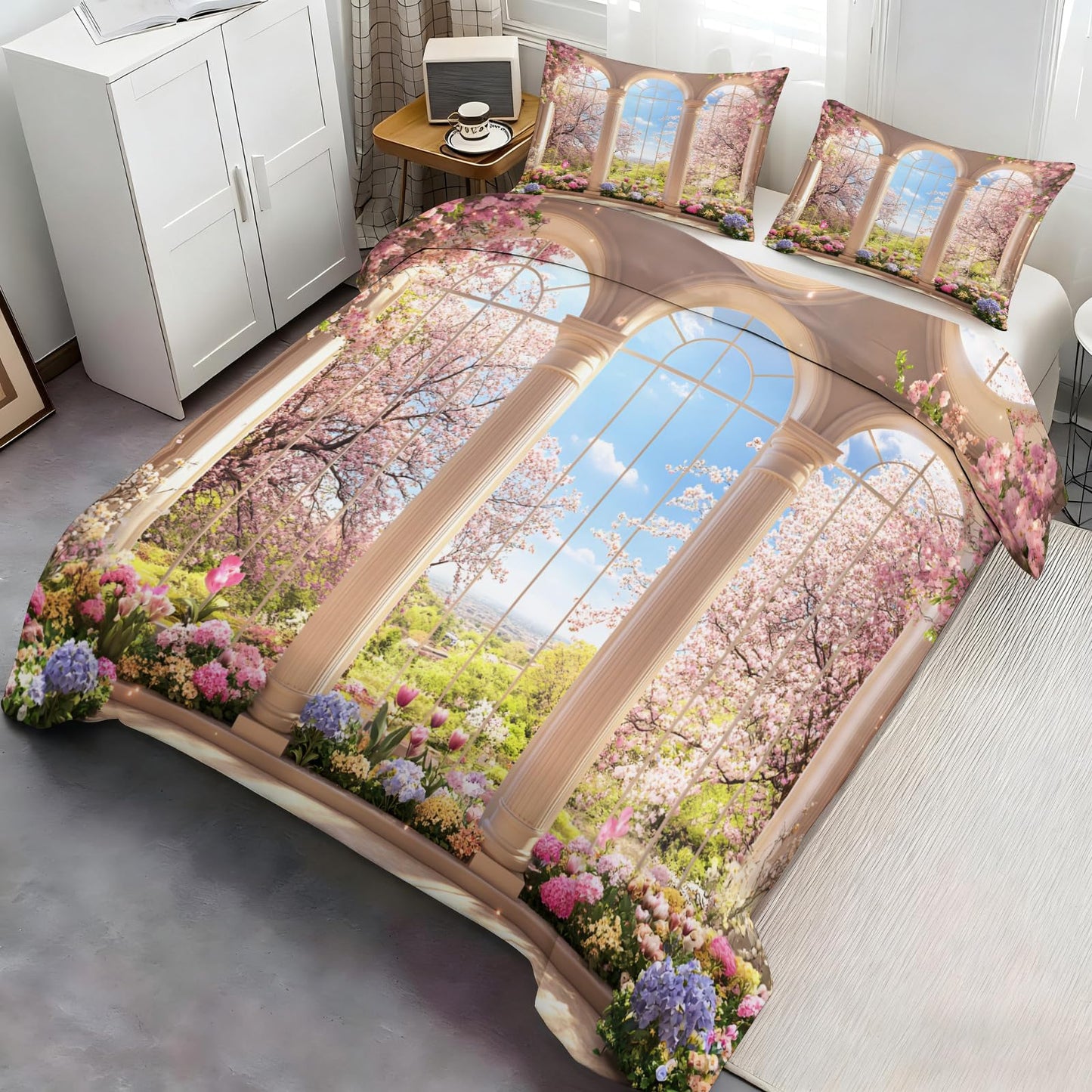 GKPLY Arched Garden Comforter Cover, Cherry Blossom Duvet Cover Set, Romantic Floral Bedding & Home Decor, Zipper & Ties, Elegant Palace Comforter Set & 2 Pillow Cases, California King