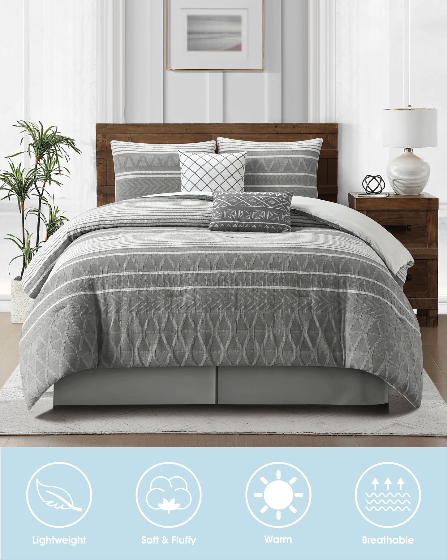 LANCO MODERN LIFESTYLE Cotton Comforter Set Queen, Gorgeous Geometric Jacquard, Grey Soft Lightweight Bedding Set for All Seasons, 6 Pieces with Bedskirt, Pillow Shams and Decor Pillows