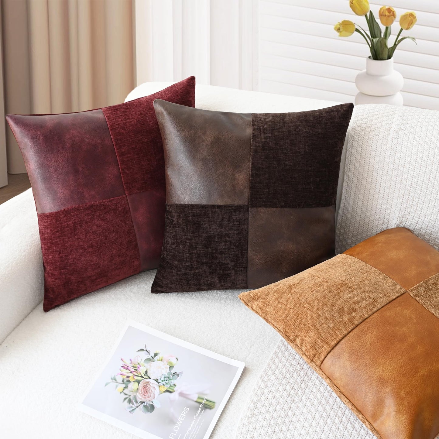 CaliTime Throw Pillow Covers Decorative 18 X 18 Inches Pack of 2 Cozy Chenille Faux Leather Splicing Cushion Cases for Couch Sofa Bed Living Room Home Coffee