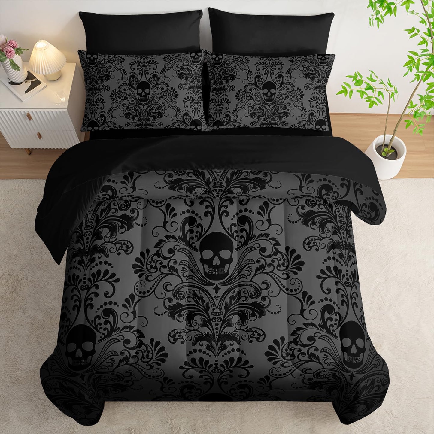 Tuzaovy Black Skull Comforter Set 7 Piece Twin Size Bed in A Bag,Goth Bedding for Room Decor,Soft Western Comforter Boho Hippie Bedding with Fitted Sheet,Flat Sheet, Pillowcases & Shams