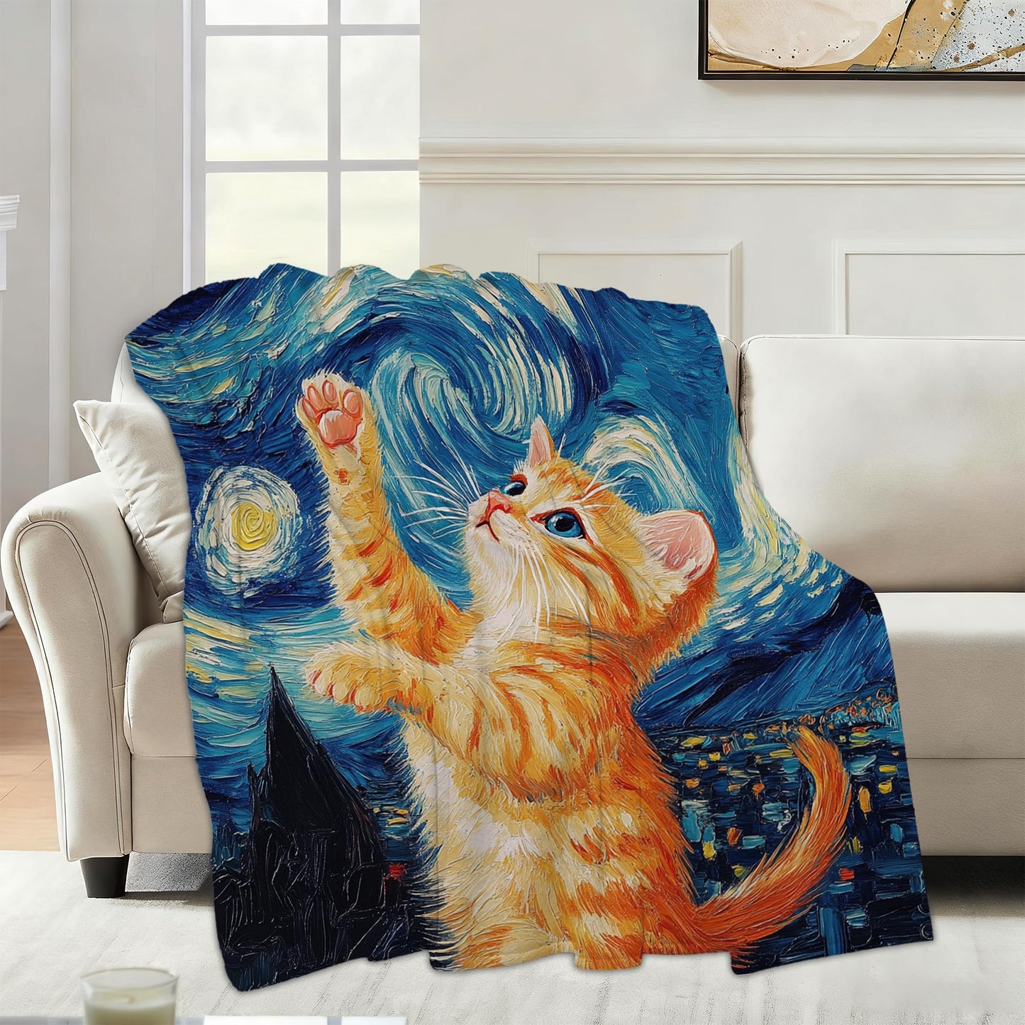 Throw Blanket for Couch,Cute Cat Plush Fall Throw,Blue Starry Sky Soft Fluffy Blanket for Sofa Decoration,Flannel Fleece Blanket for Naps,Reading,Traveling,Camping,50 X 60 Inch
