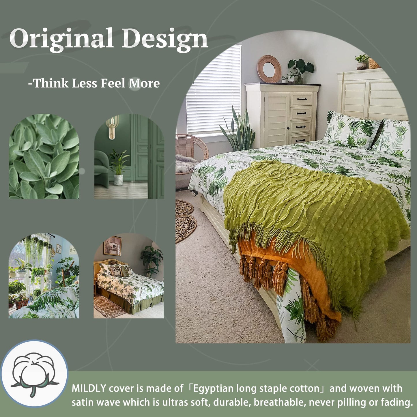 MILDLY Floral Duvet Cover Set - 100% Long-Staple Cotton Green Palm Leaf Pattern Printed Tropical Comforter Cover 3pcs Soft Breathable Luxury Bedding for All Season