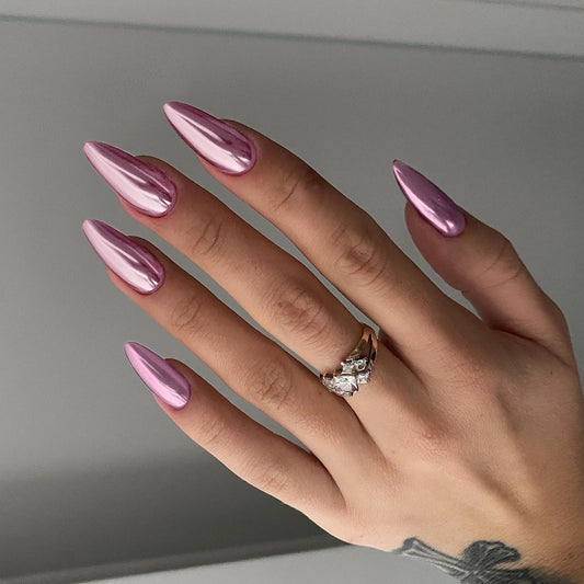 Baby Pink Chrome Press on Nails Medium Almond, KQueenest Mirror Metal Stiletto Fake Acrylic Nails with Bling Design, Reusable Glue on Nails for Daily Party Wear, False Nails Press ons in24 PCS