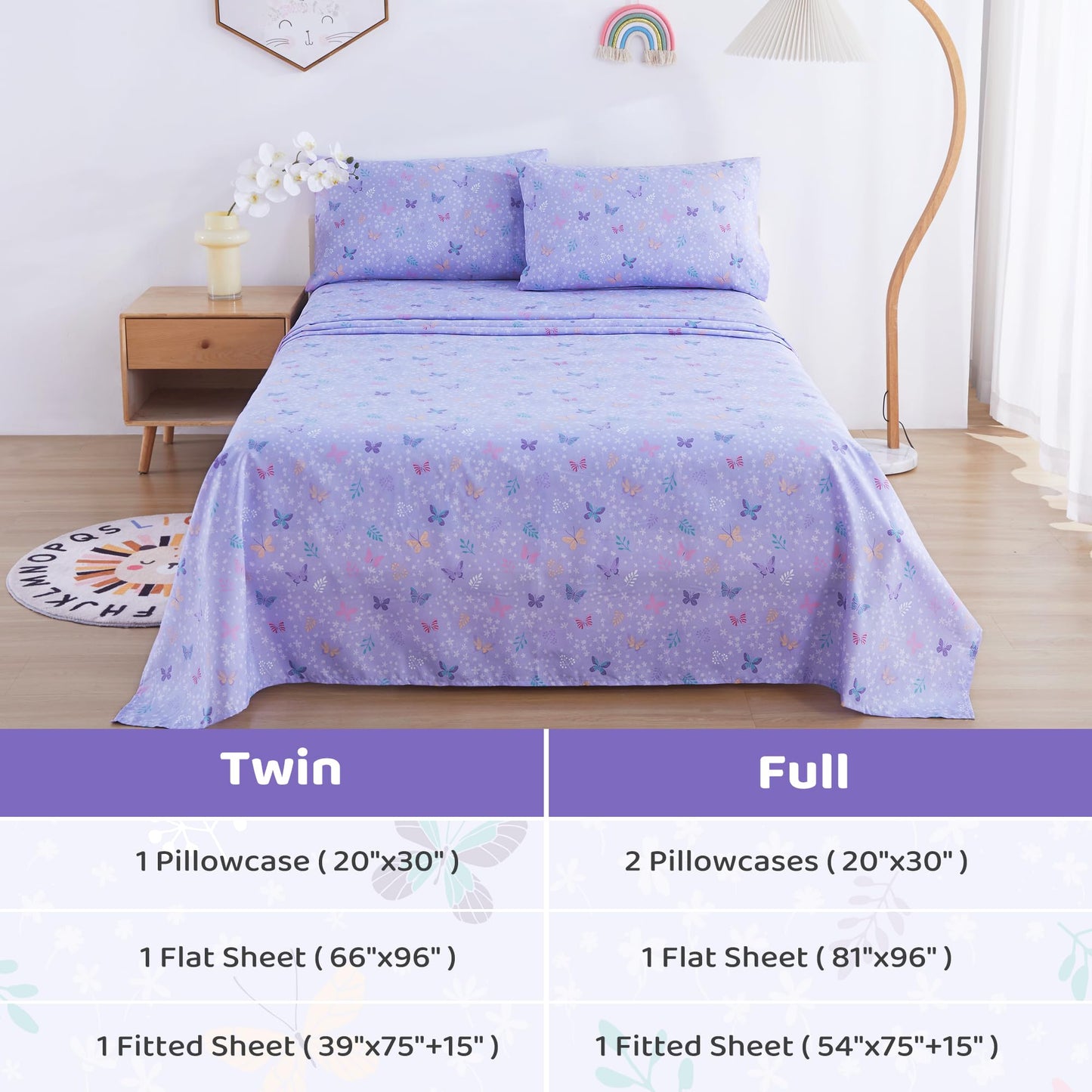 Viviland 3 Pieces Girls Light Purple Twin Sheet Set - Soft Microfiber Fitted Flat Sheets & Pillowcase - Butterfly Floral Printed Bedding Sets - for Kids & Toddlers
