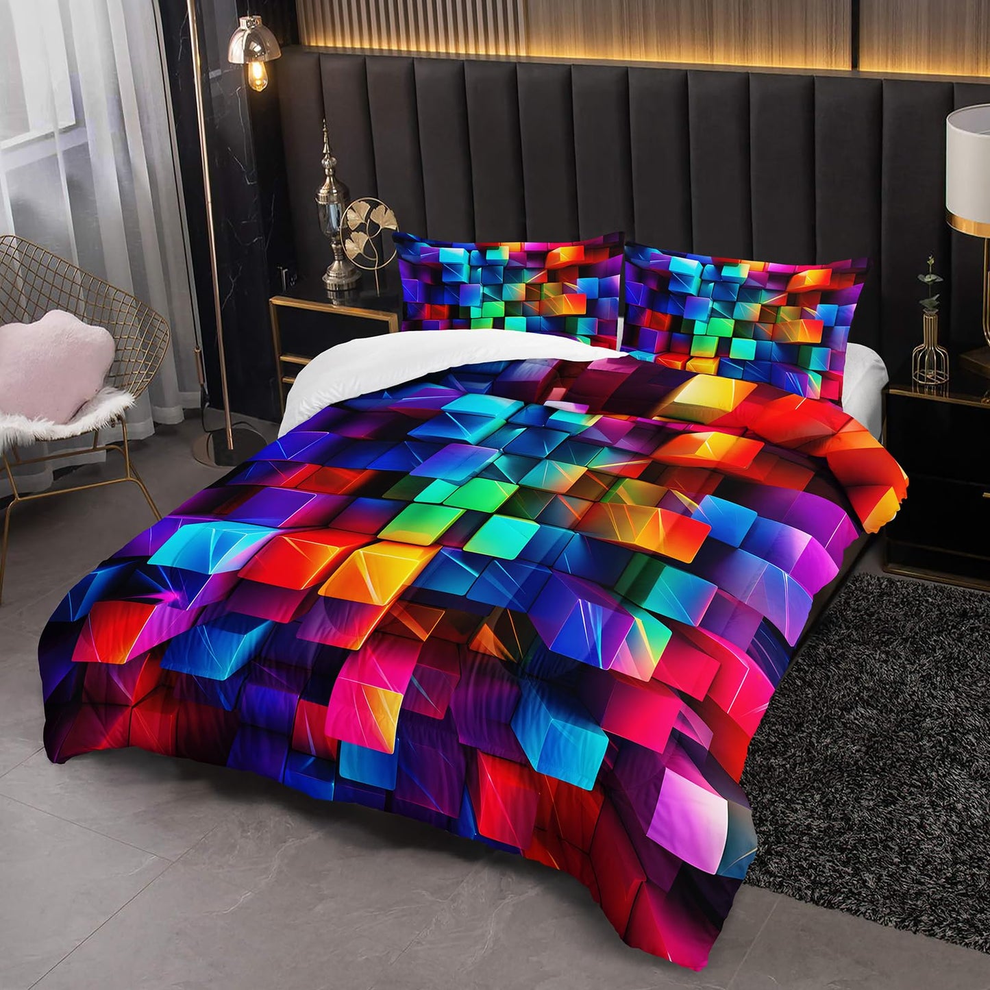 lneffble Colorful Checkered Comforter Set Queen，3D Checkered Chic Gingham Bedding Set Queen with 1 Comforter with 2 Pillow Case