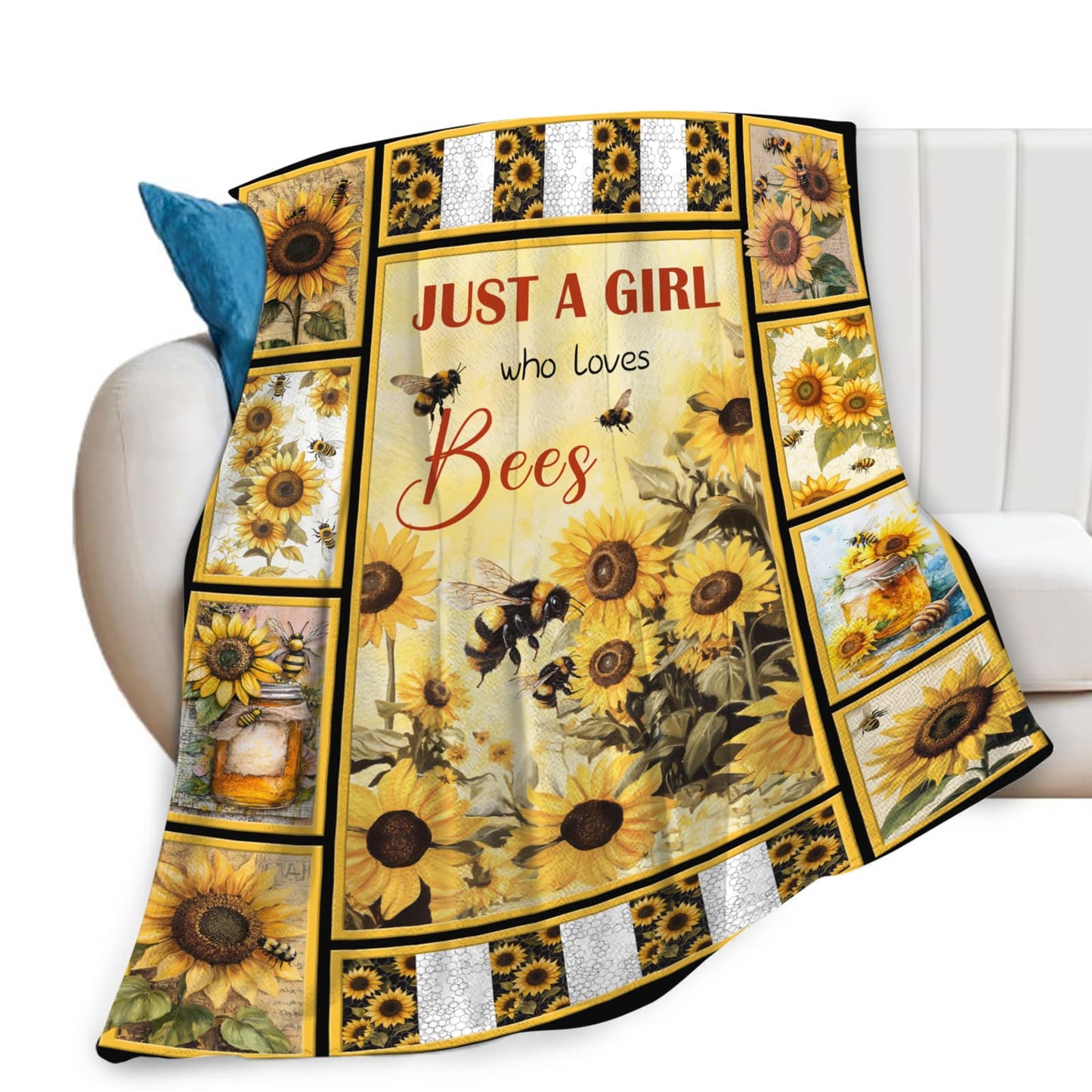 Bee Blanket for Boys Girls, Bee Sunflowers Flannel Throw Blanket, Fleece Soft Cozy Stuff Blankets Gift for Women Men Couch Sofa Bed 50" x 40"