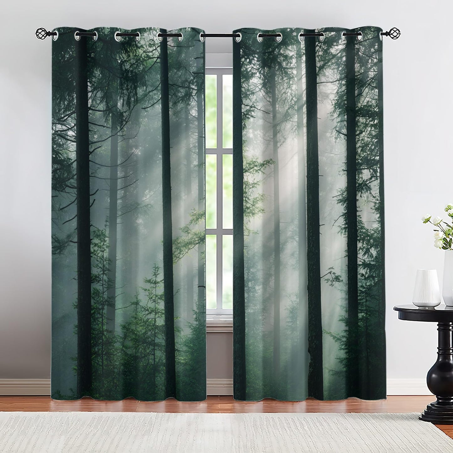 XAFIAUR Misty Forest Blackout Curtains, Green Forest Curtains for Living Room, Natural Landscape Black Out Bedroom Curtain Thermal Insulated Grommet Drapes 2 Panels, for Boys Room 26" W x 63" L x2