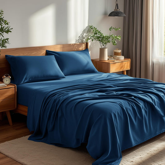 Deconovo Queen Sheet Set 4 Piece - Navy Blue Brushed Microfiber Bed Sheets, 16 Inch Deep Pocket Fitted Sheet, Flat Sheet & 2 Pillowcases, Soft Wrinkle Resistant Bedding