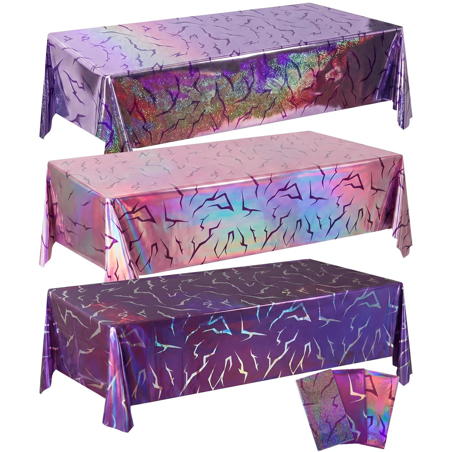 Fanfanwin 3 Pack Kpop Theme Birthday Decorations Iridescent Holographic Purple Tablecloth Disposable Waterproof Plastic Laser Table Covers for Girls Disco Party Supplies, 54x108 Inch
