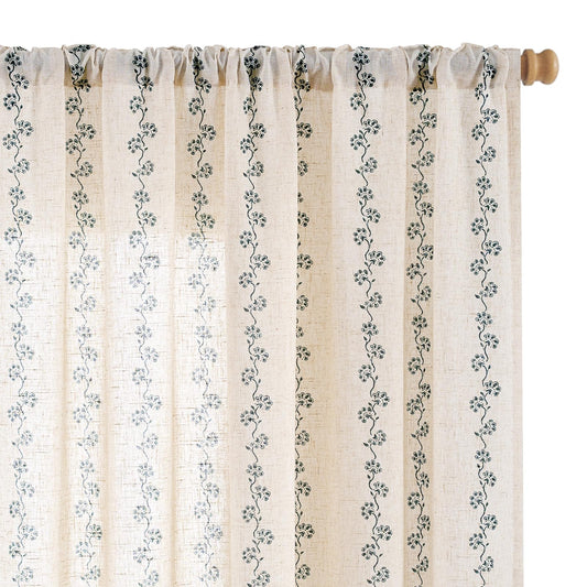 Lazzzy Cathy Blue Linen Floral Curtains 84 inches Long Semi Sheer Drapes 2 Panels for Living Room Bedroom Privacy Light Filtering Curtains Rod Pocket Back Tab 50"x84" Blue on Linen