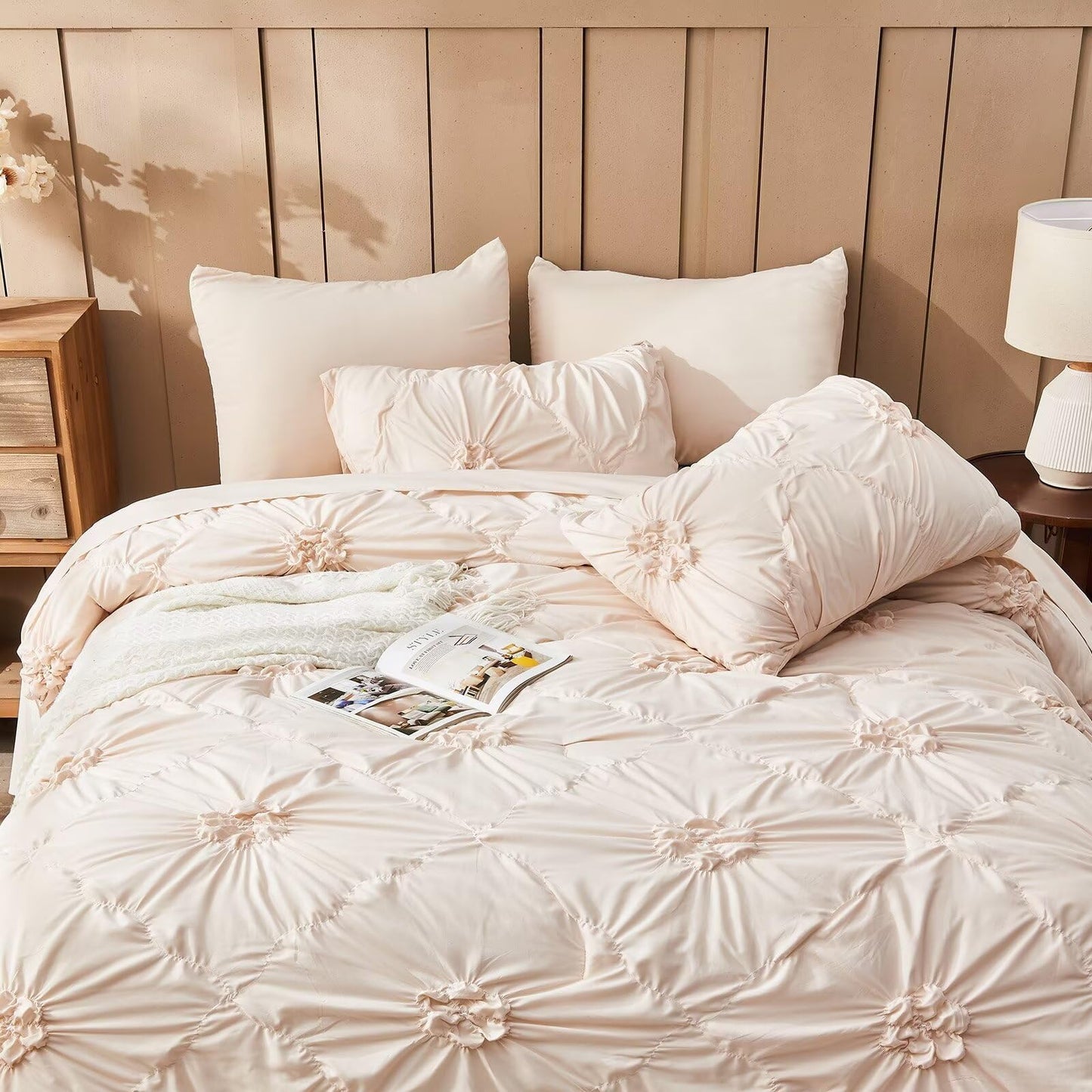 Jameswish Beige Comforter Set Queen Size Bed in A Bag 7 Piece Pinch Pleat Bedding Set, Pintuck Ruched Flowers Bed Set with Comforter, Sheets, Pillowcases & Shams