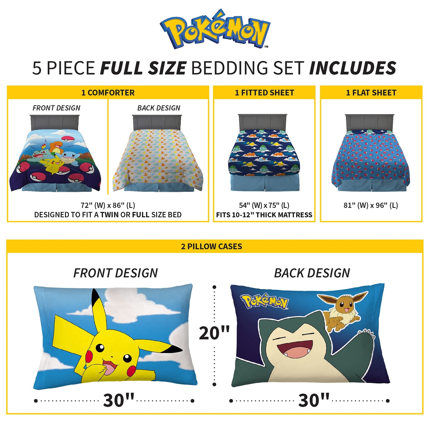 Pokémon Gaming Anime Kids Bedding Super Soft Microfiber Comforter And Sheet Set, 5 Piece Full Size, (Officially Licensed Product) By Franco