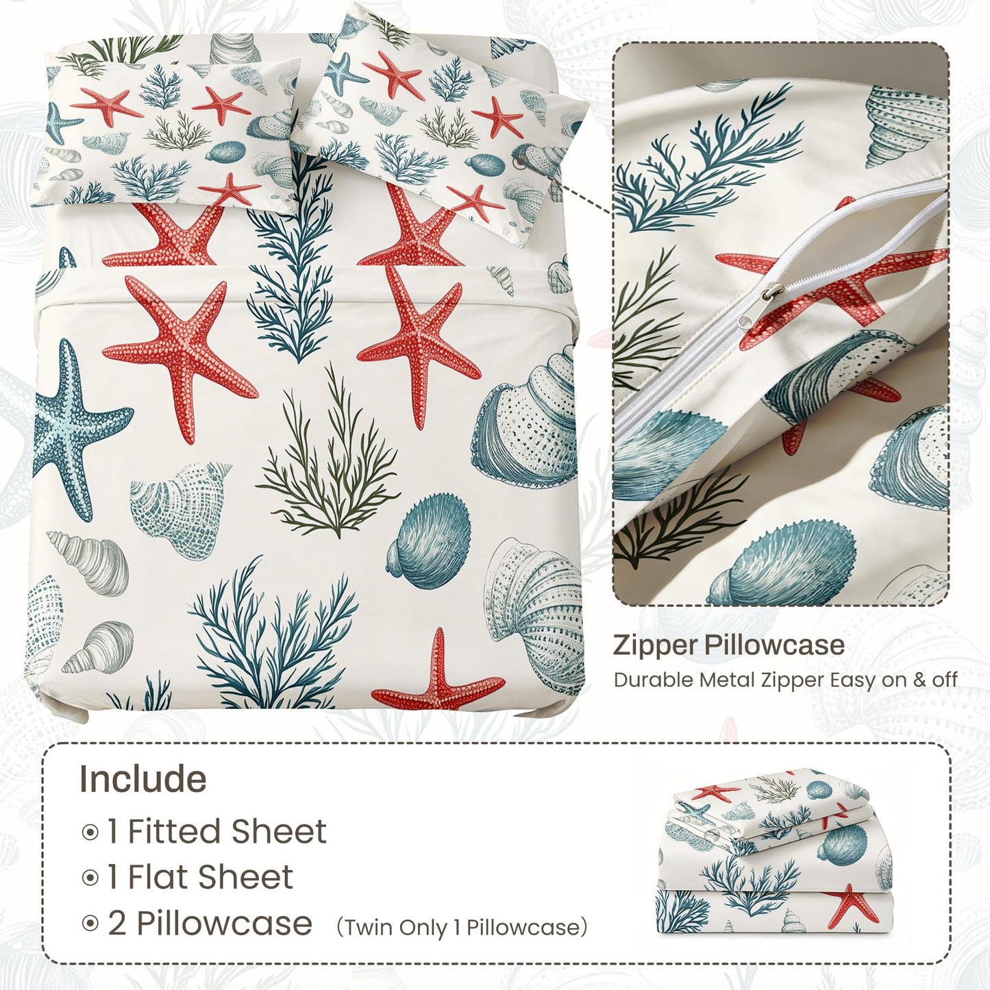 Coastal Queen Sheet Set 4 Pcs Marine Life Bed Sheets