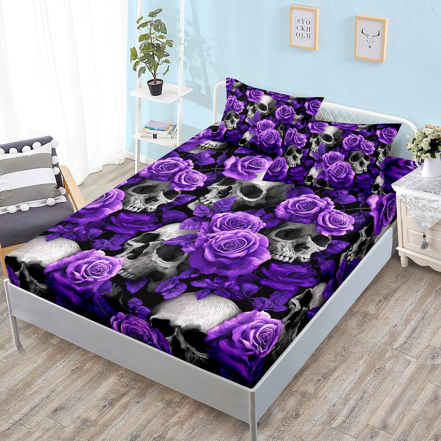 HOSIMA Death Skull Fitted Sheet Full,Skull Head and Flowers Printed Gothic Bedding,Horror Themed Floral Bedding for Girls Women Halloween Room Decor,1 Fitted Sheet+2 Pillowcases.