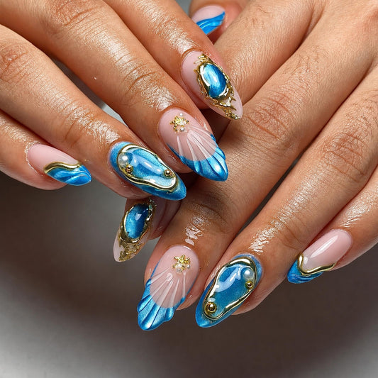 Medium Press on Nails Almond Fake Nails Blue Artificial Nail Metallic Seashell French Tips Gold Frame Pearl Gem Charm Luxury Mermaid Salon Style Stick on Nail for Women 30pcs