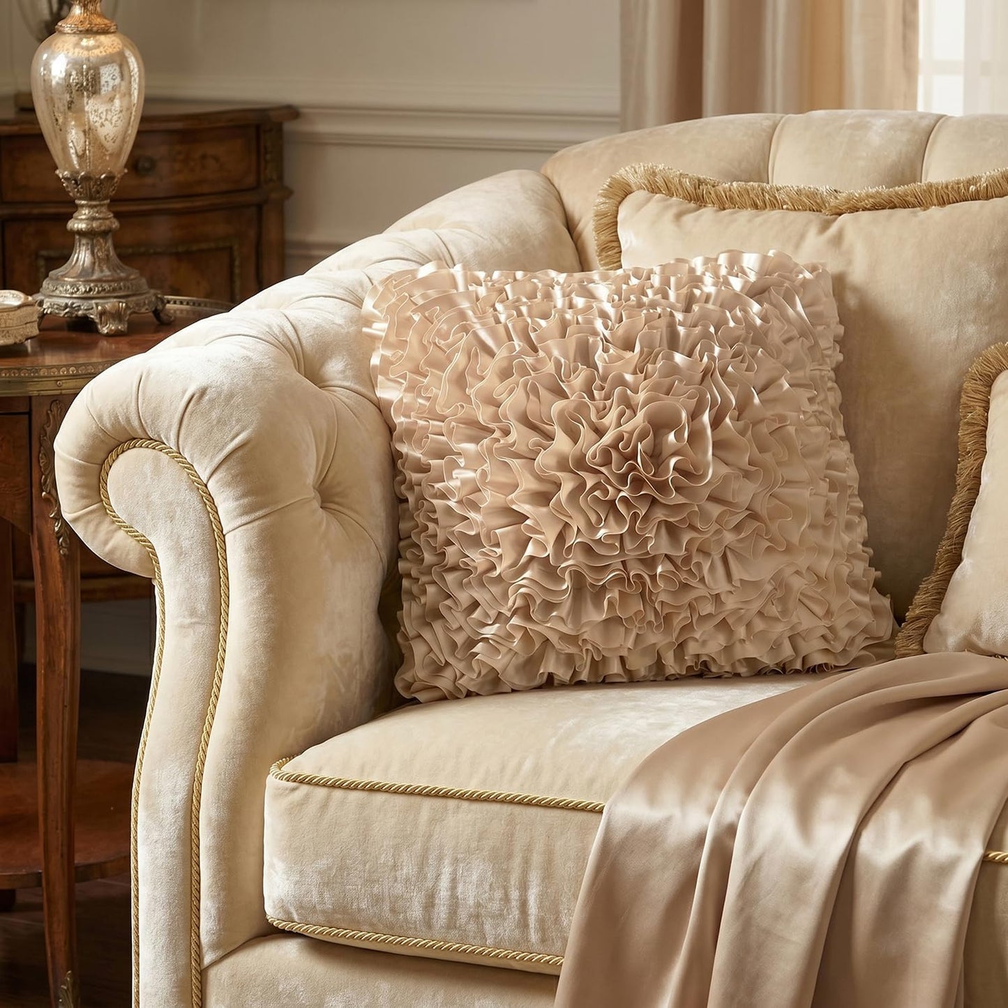 Bella's Giftshop Beige Taupe Ruffle Decorative Throw Pillow Covers 18x18 Inch for Bed Sofa Couch, Handmade 3D Faux Silk Accent Pillow case, Boho Living Room Decor