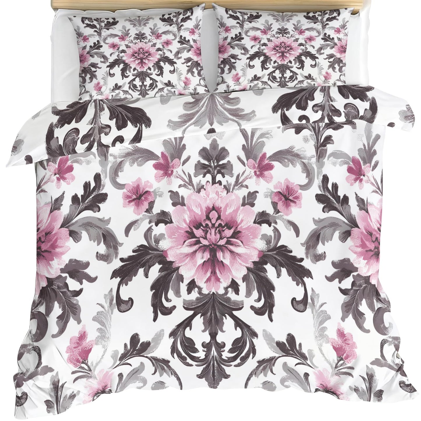 ZAMODE Vintage Floral Duvet Cover 120" x 98", Retro Pink Flower Bedding Set, Rustic Farmhouse Comforter Cover with Zipper Ties