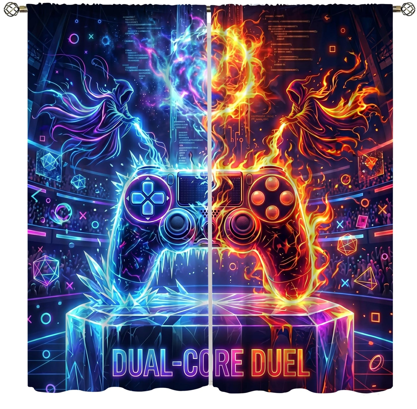 VUMIVI Gaming Curtains Cool Ice Fire Game Controller Cyberpunk Neon Dual-Core Duel Rod Pocket Window Treatments for Boys Bedroom Gamer Room Apartment Dorms Cafe 42" W X 44.5" L