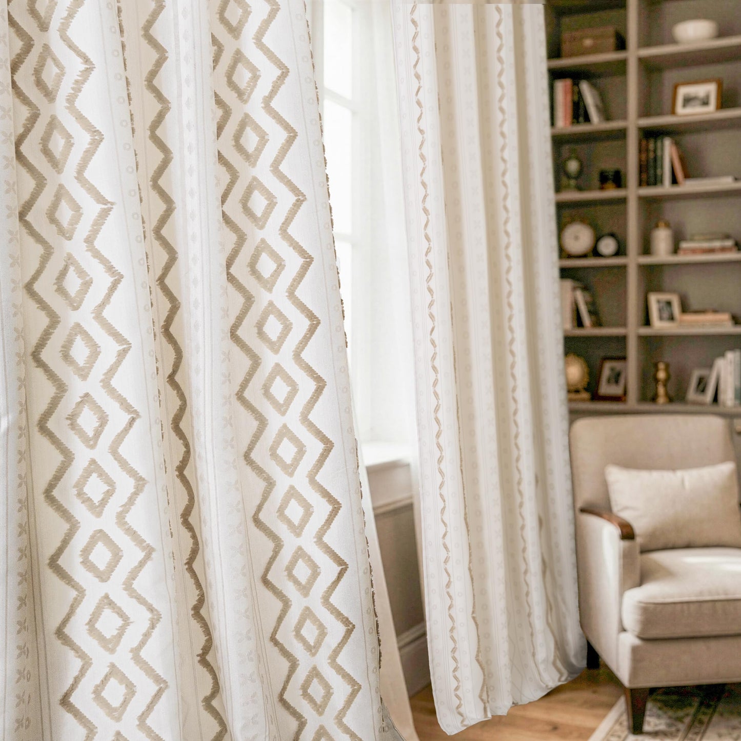 BGment Jacquard Boho Linen Curtains for Living Room 2 Panels, Botanical Tufted Pom Stripe Geometric Pattern Drapes for Farmhouse Bedroom Light Filtering, 52 X 84 Inch