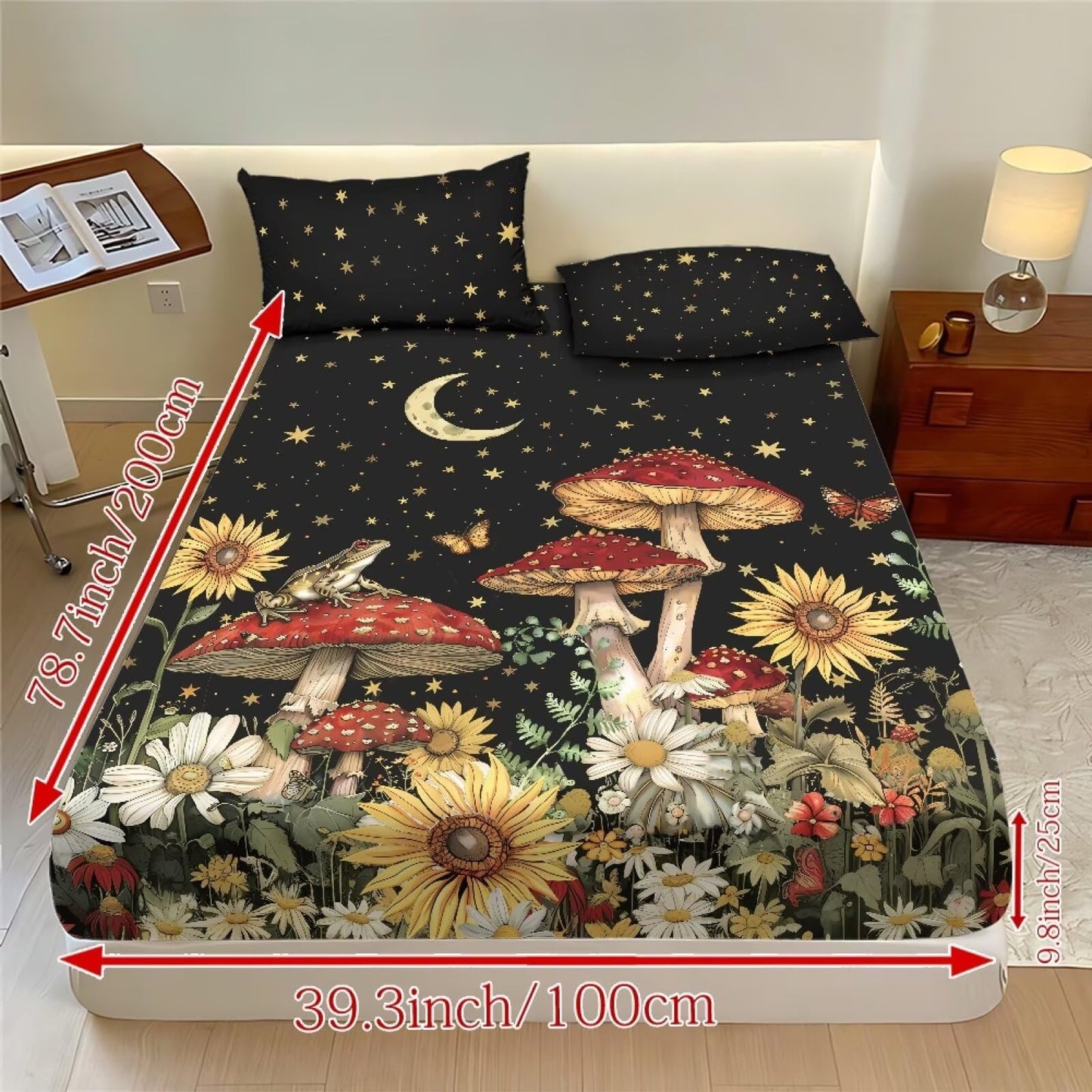 ZDCUSTOM Night Mushroom Bedsheet Sets of 3 Children's Room Decor Fitted Sheet with 2 Pillowcases Twin XL Size Bed Sheets 9.8" Deep Pocket Sunflower Bedding Setsr for Bedroom Decor, 39" x 79"
