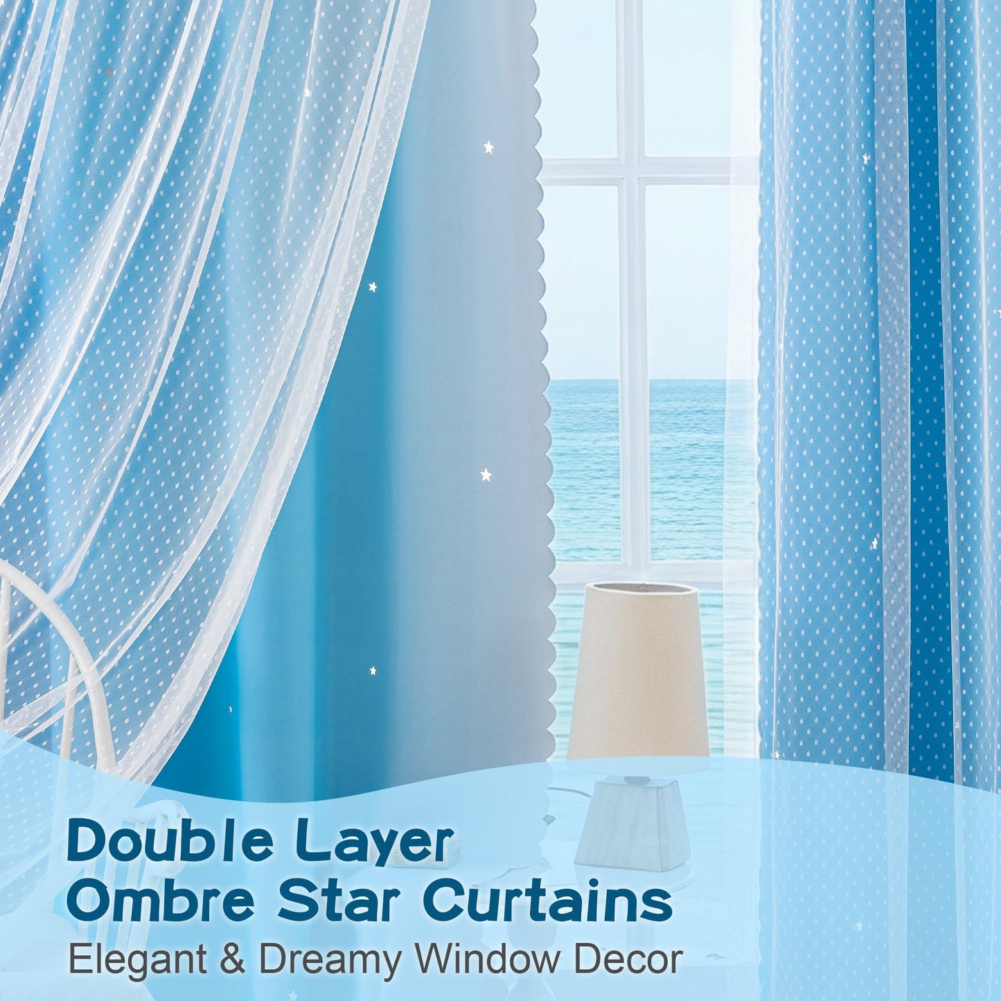 MYSKY HOME Kids Curtains Blue for Boys Bedroom Decor 63 Inches Long Ombre for Living Room Nursery, Thermal Insulated Blackout Star Cut Out Curtain Grommet Drapes, W52 x L63 Inches, 2 Panels