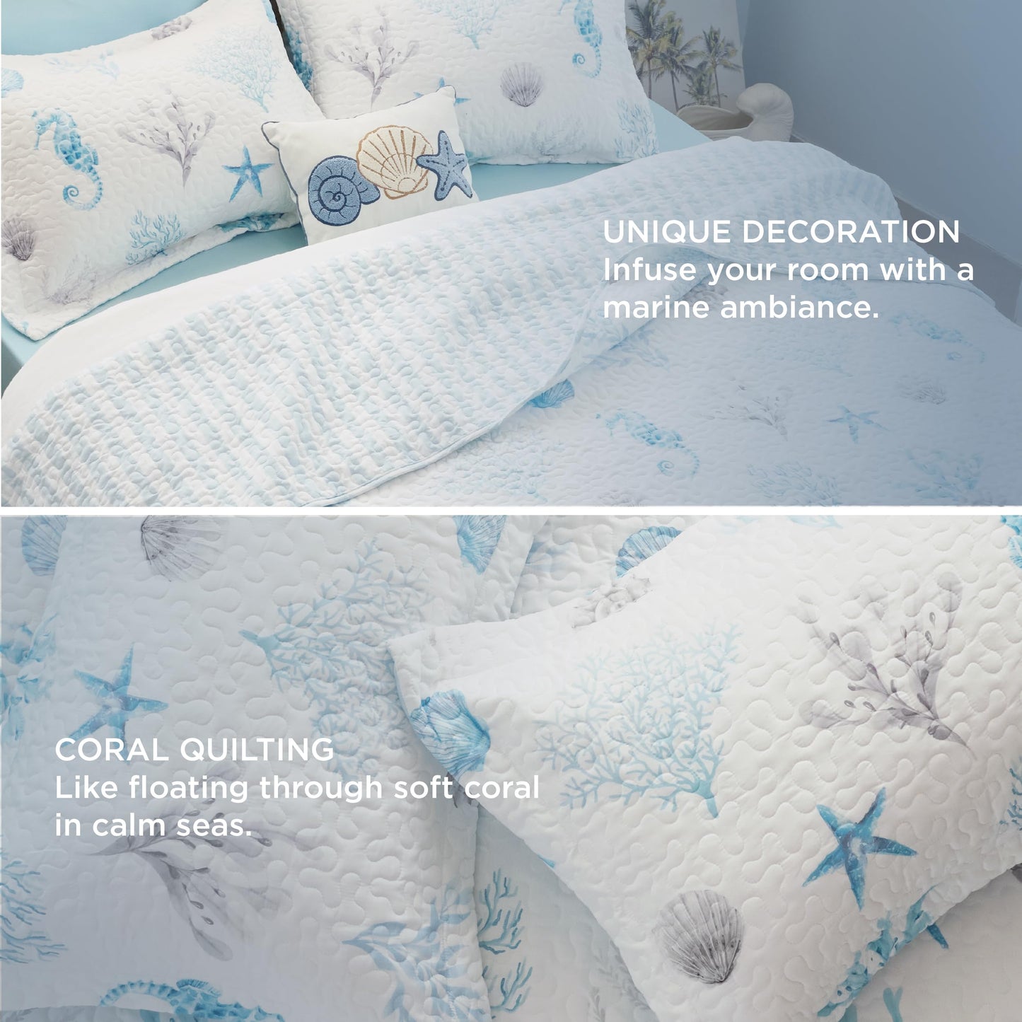 Bedsure Coastal Bedding Quilts Queen Size - Lightweight Summer Comforter Queen Size, Reversible Beach Bedding Nautical Bedspread, Soft Microfiber Blue & White Coverlet for All-Season(90"x96")